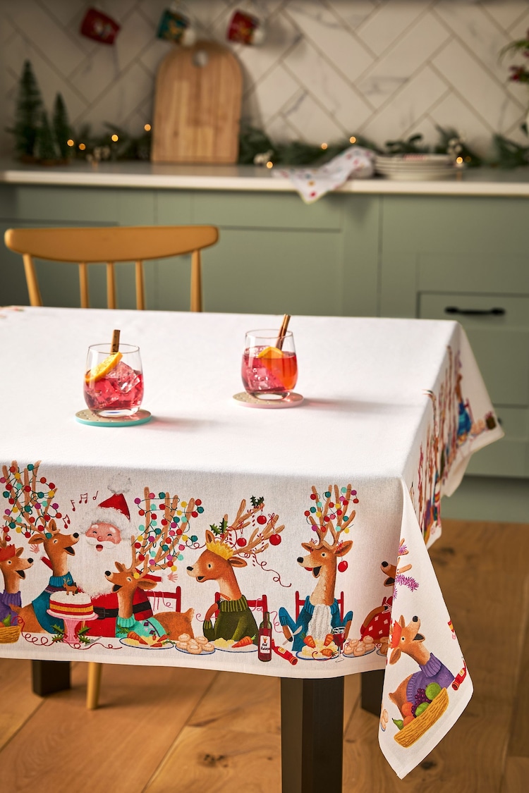 Natural Christmas Santa Border 100% Cotton Table Cloth - Image 1 of 4