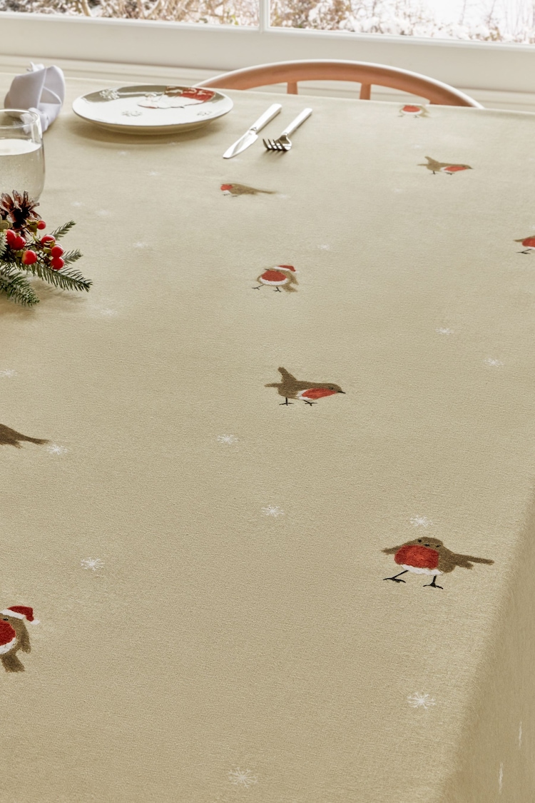 Natural Christmas Robin Table Cloth - Image 1 of 3