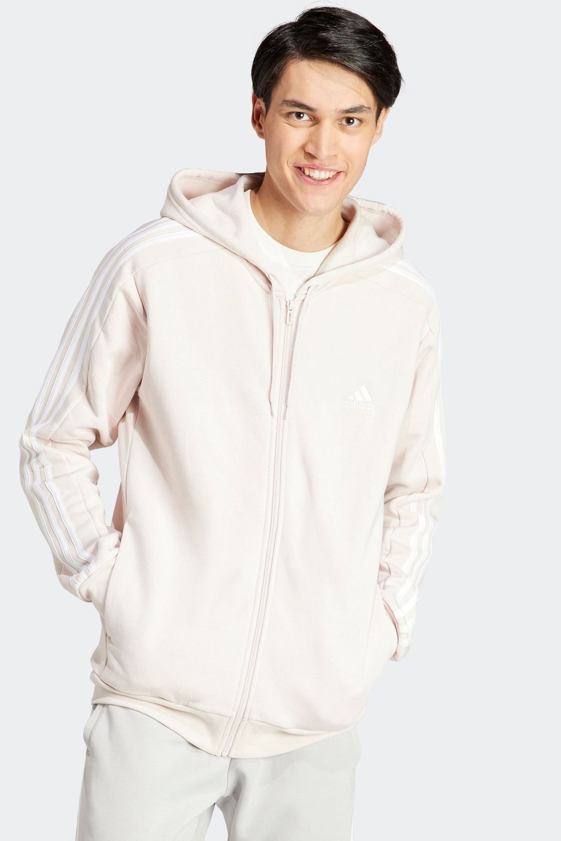 adidas Cream Sportswear Essentials Fleece 3-Stripes Full-Zip Hoodie - Image 1 of 7