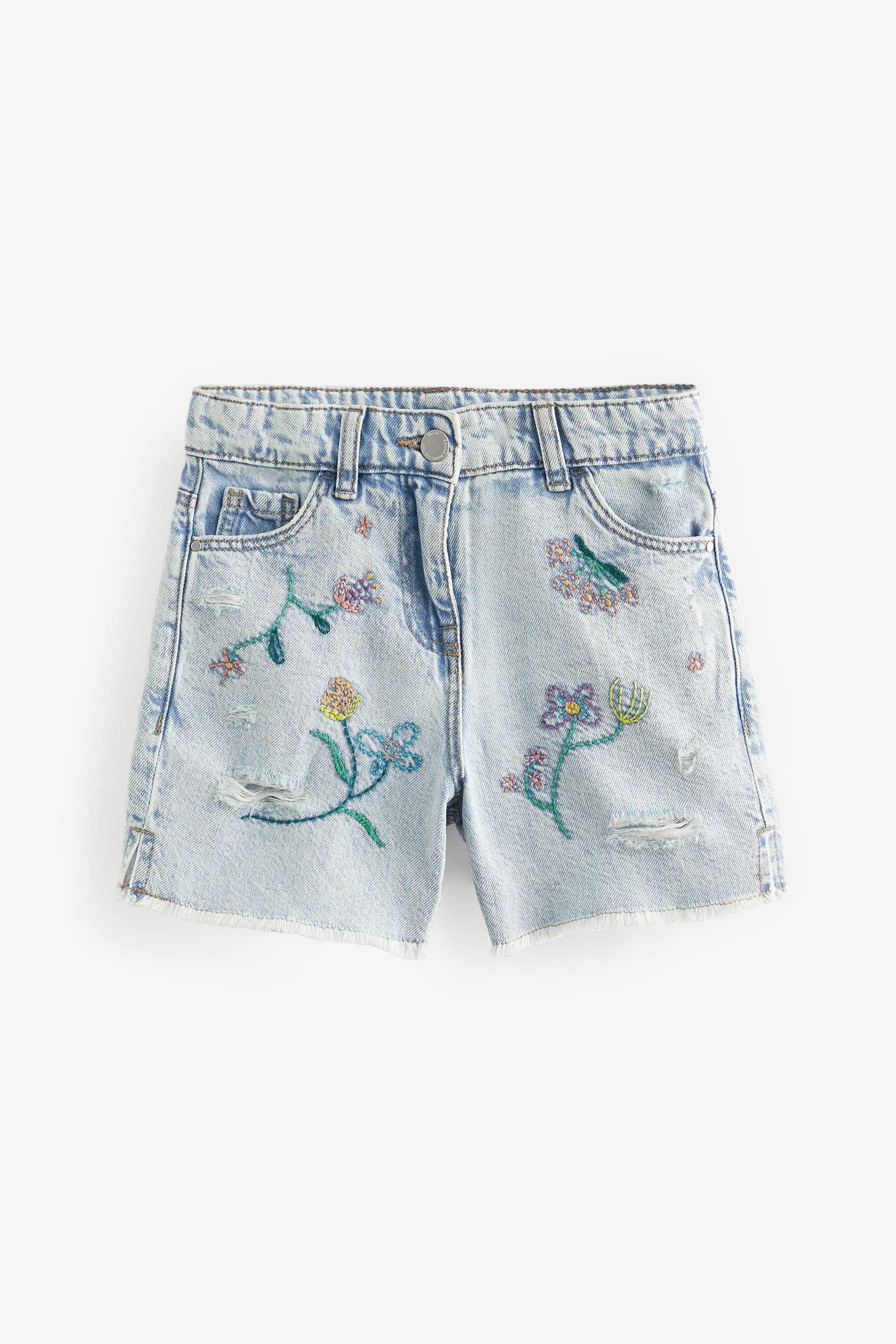 Mid Blue Floral Embroidery Denim Shorts (3-16yrs) - Image 5 of 7