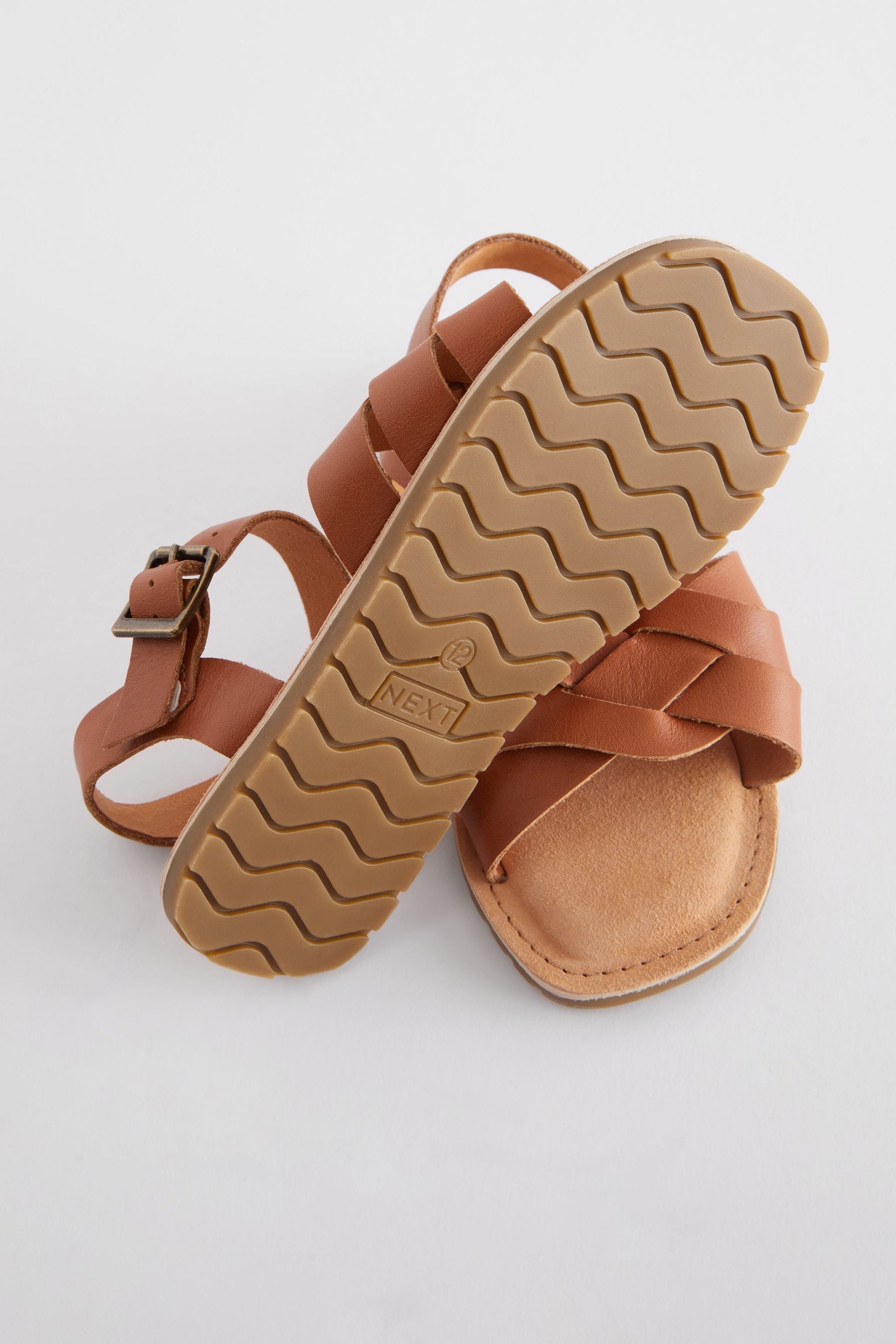 Tan Brown Standard Fit F Leather Woven Sandals
