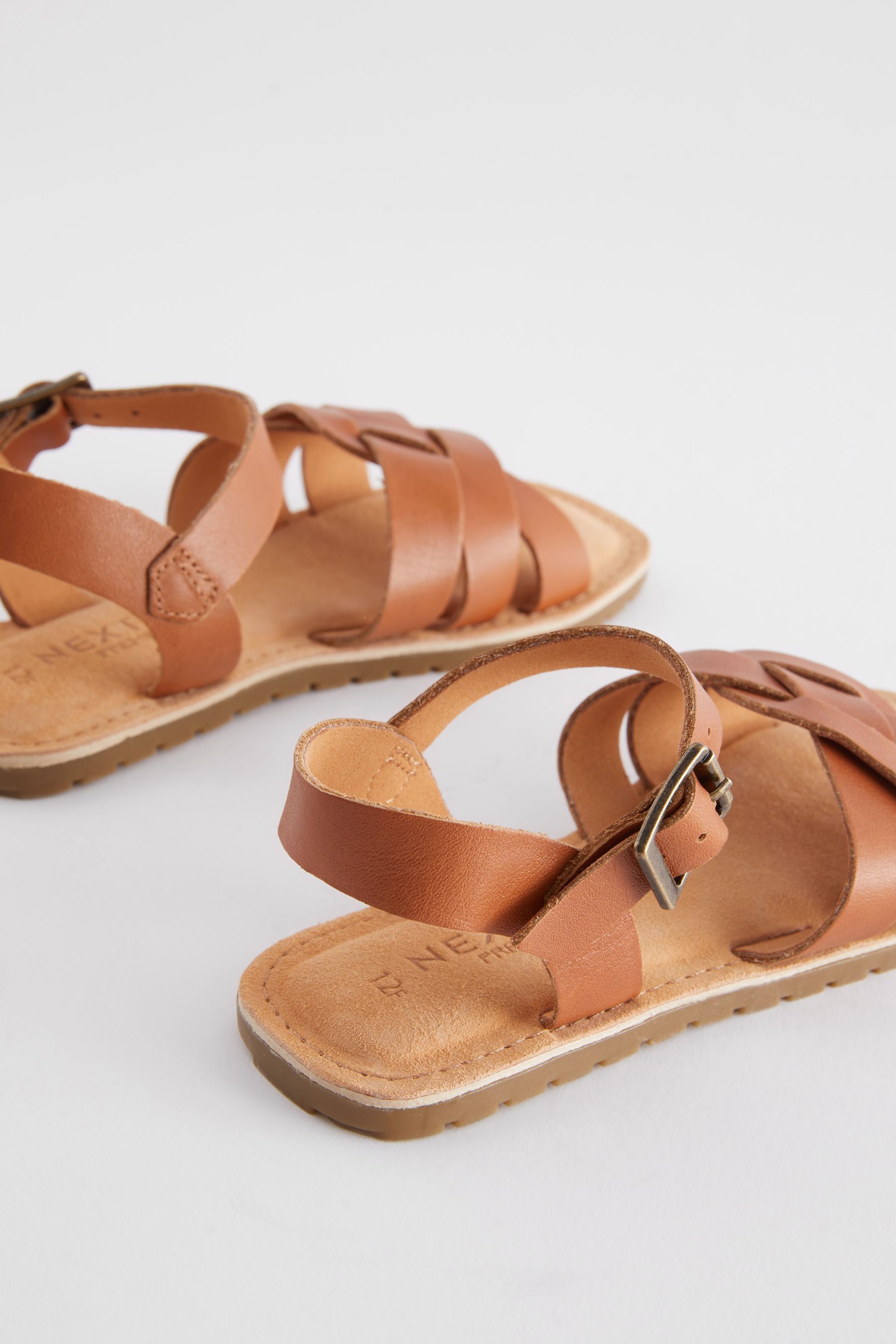 Tan Brown Standard Fit F Leather Woven Sandals