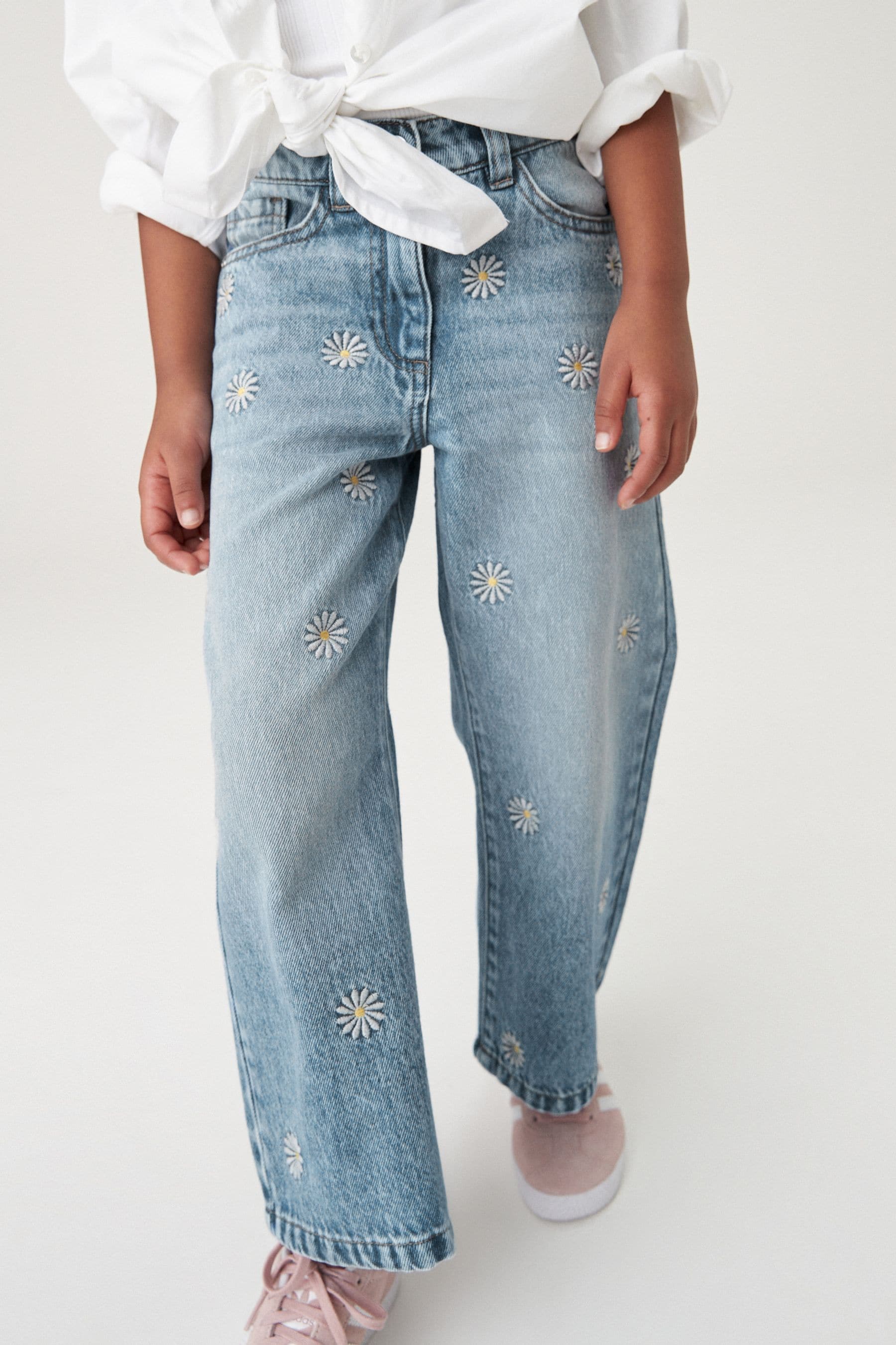 Buy Mid Blue Denim Floral Embroidered 100 Cotton Wide Leg Jeans 3 16yrs from Next Luxembourg