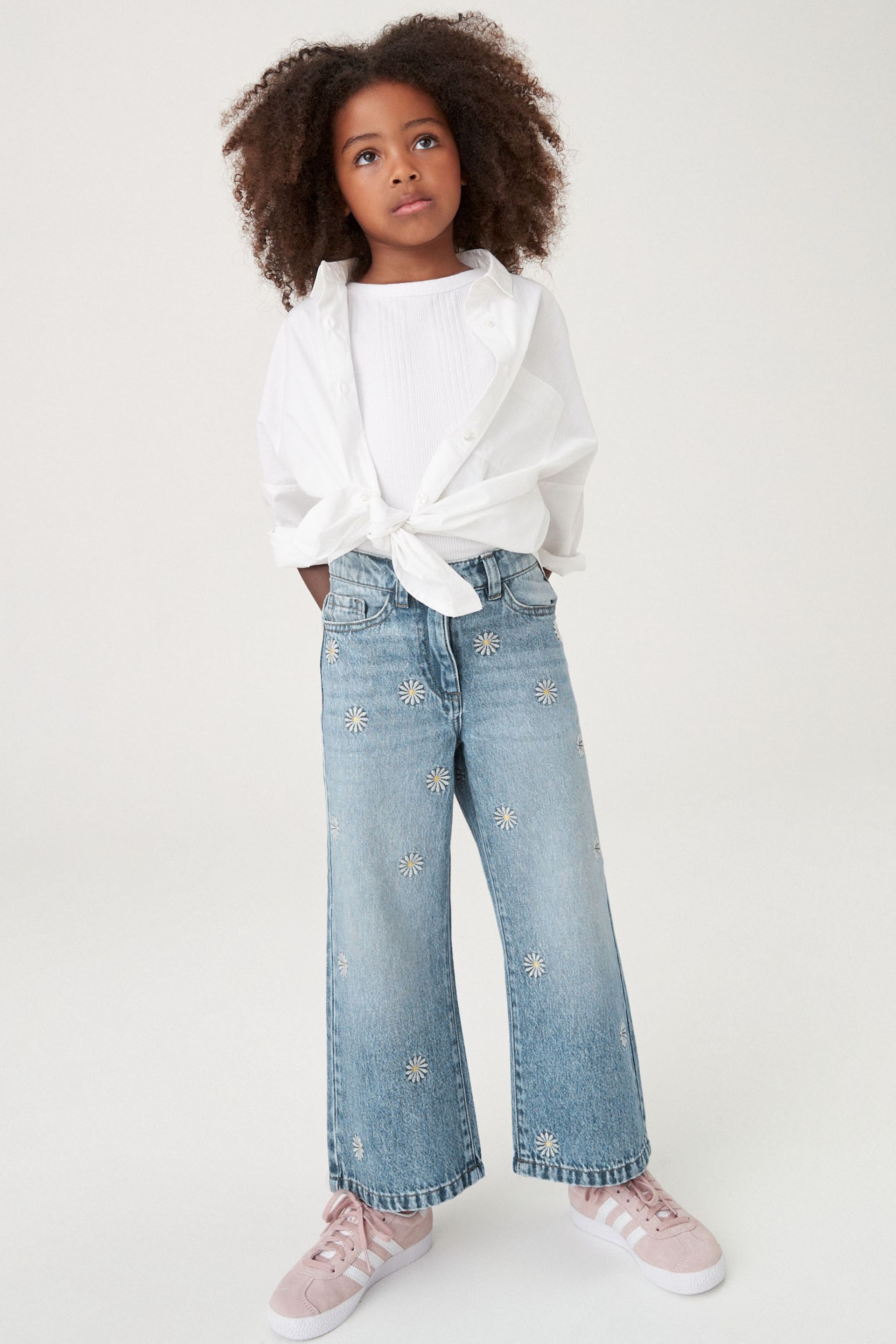 Mid Blue Denim Floral Embroidered Wide Leg Jeans (3-16yrs) - Image 3 of 7