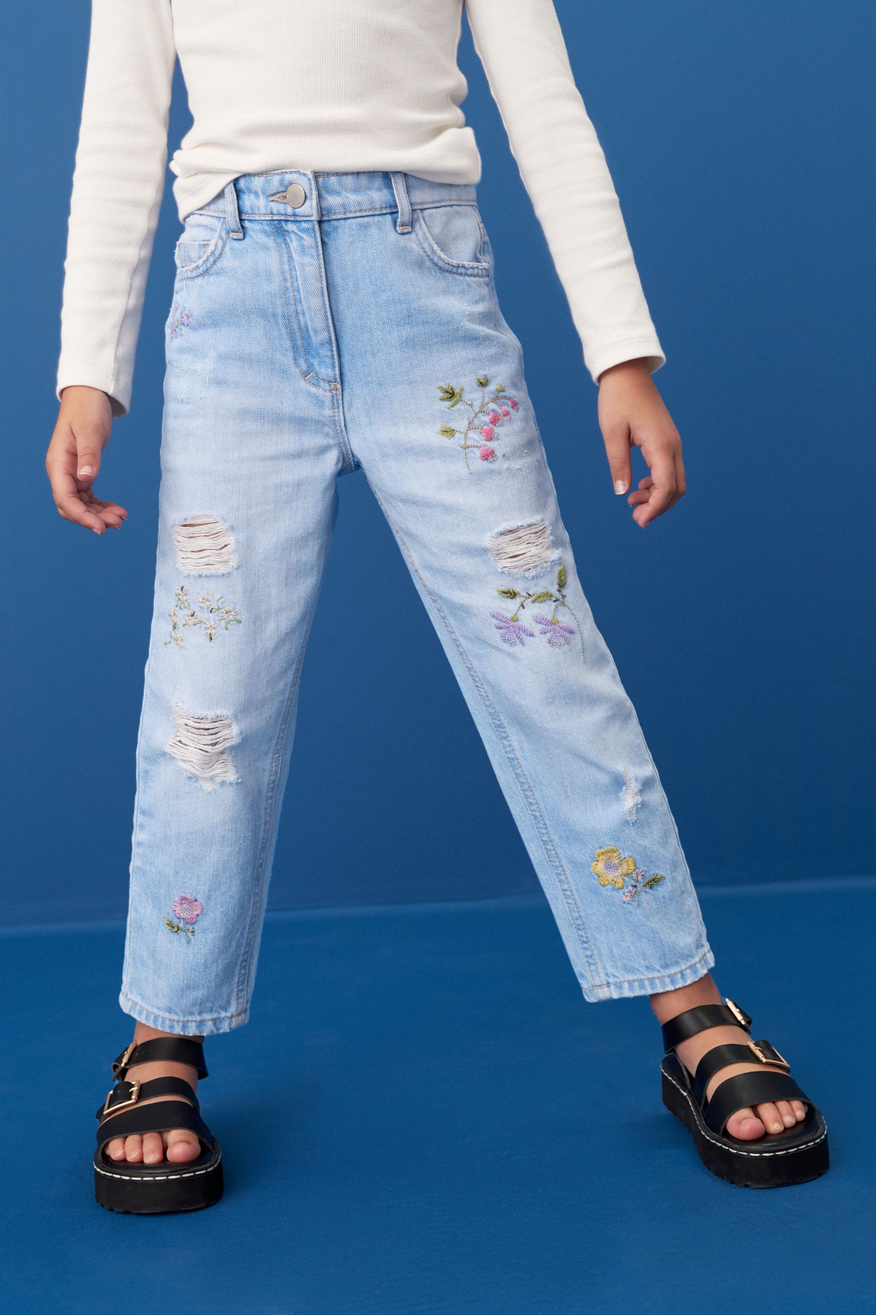 Embroidered mom jean store