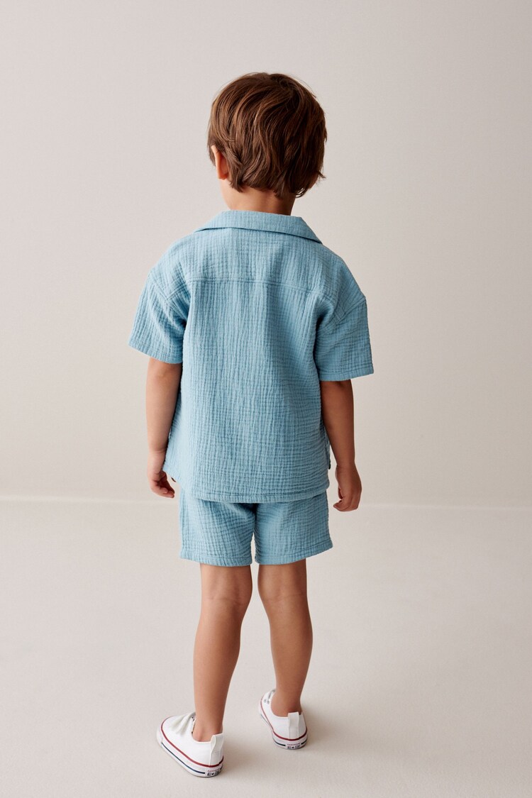 Buy Blue Short Sleeves Textured 100% Cotton Shirt and Shorts Set (3mths ...