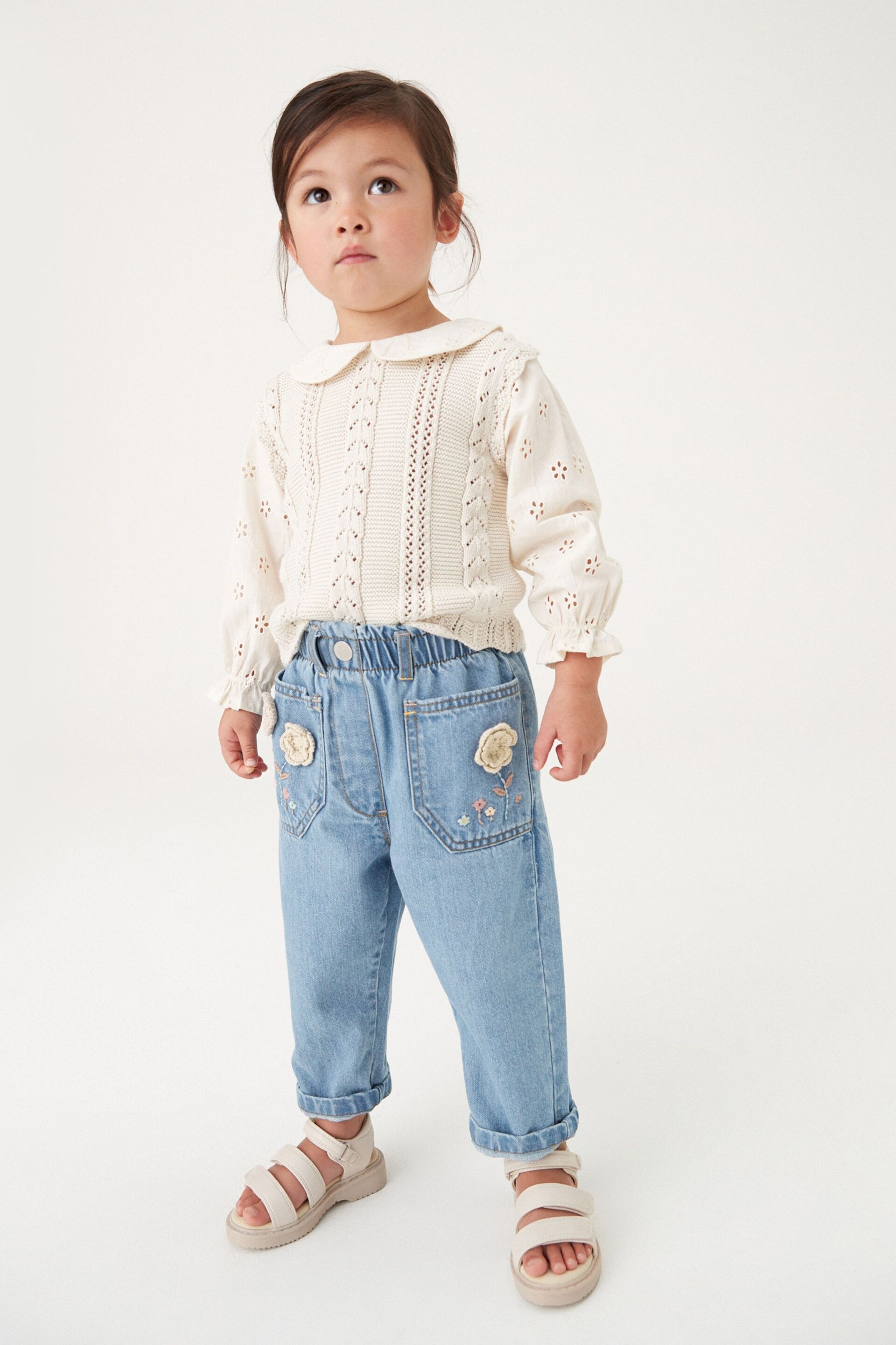 Mid Blue Denim Crochet Flower Slouchy Jeans (3mths-7yrs) - Image 1 of 6