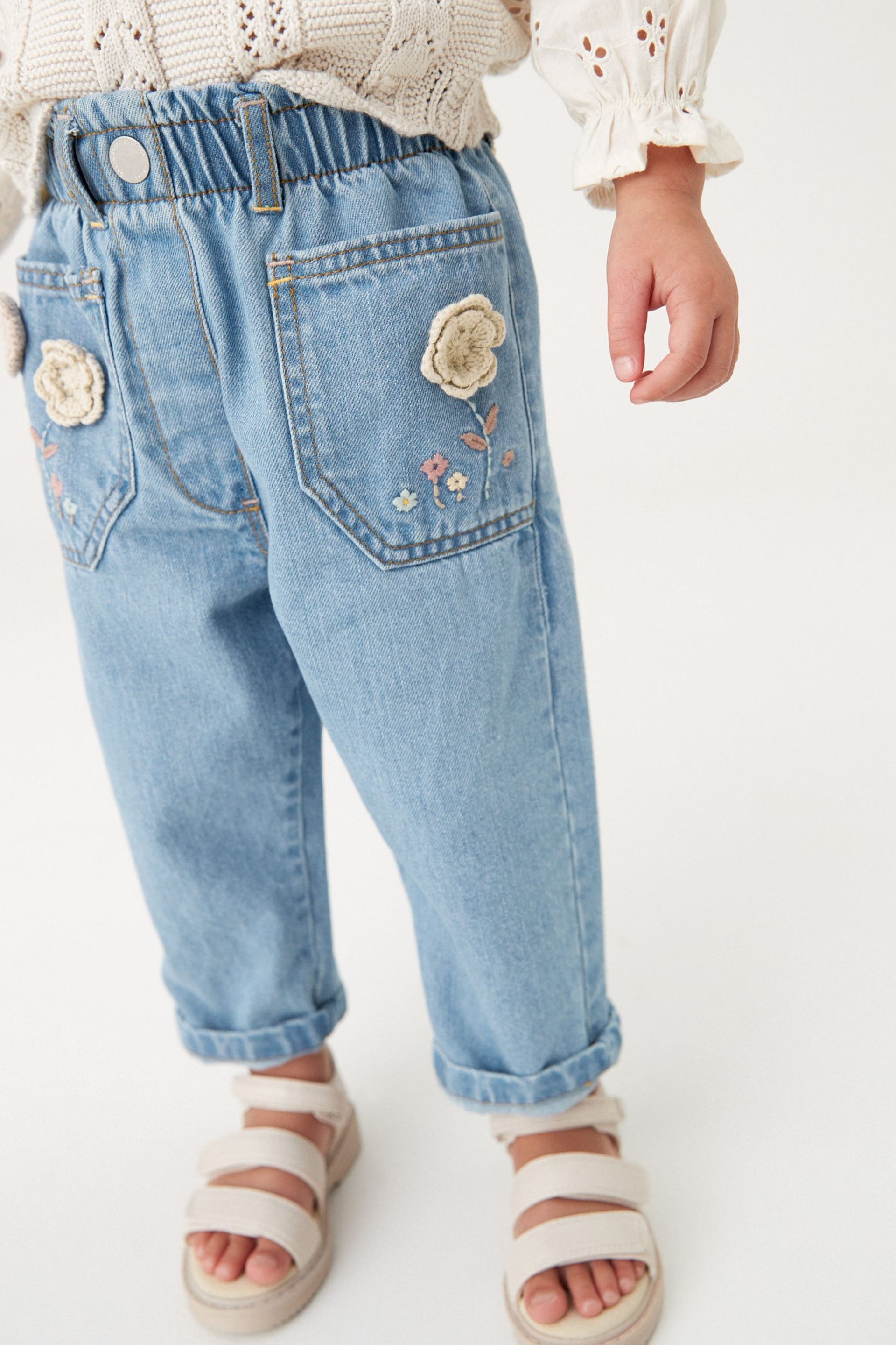 Mid Blue Denim Crochet Flower Slouchy Jeans (3mths-7yrs) - Image 2 of 6