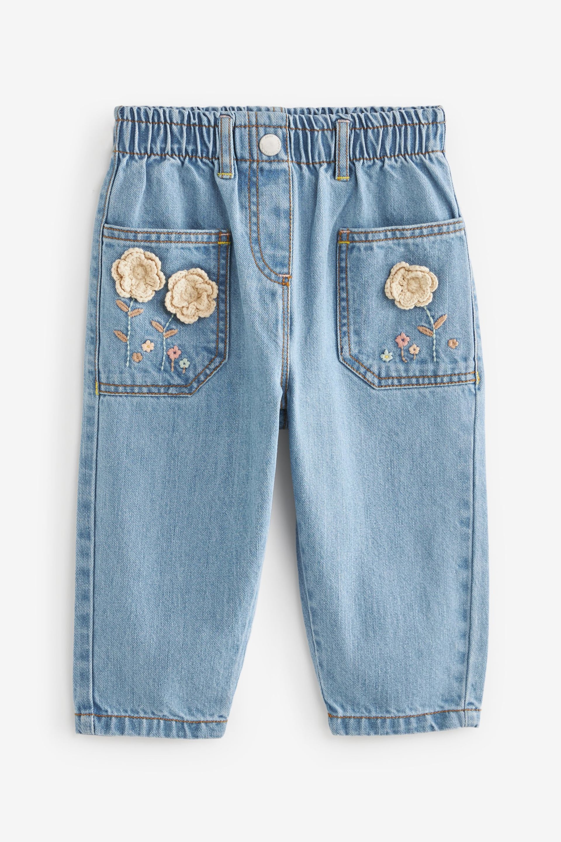 Mid Blue Denim Crochet Flower Slouchy Jeans (3mths-7yrs) - Image 4 of 6