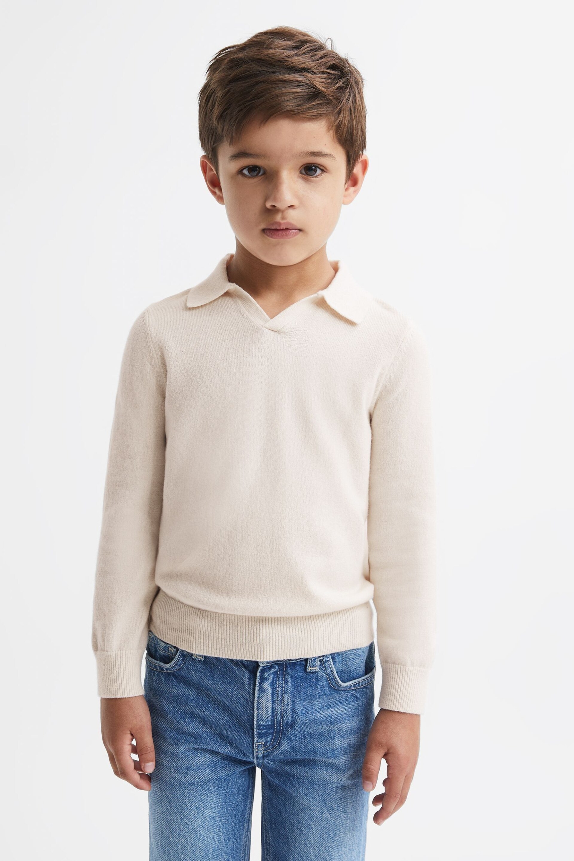 Reiss Milk Swifts Senior Slim Fit Merino Wool Open Collar Top - Image 1 of 6