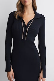 Reiss Navy/Camel Michelle Petite Bodycon Knitted Colourblock Midi Dress - Image 1 of 5