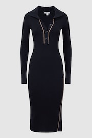 Reiss Navy/Camel Michelle Petite Bodycon Knitted Colourblock Midi Dress - Image 2 of 5