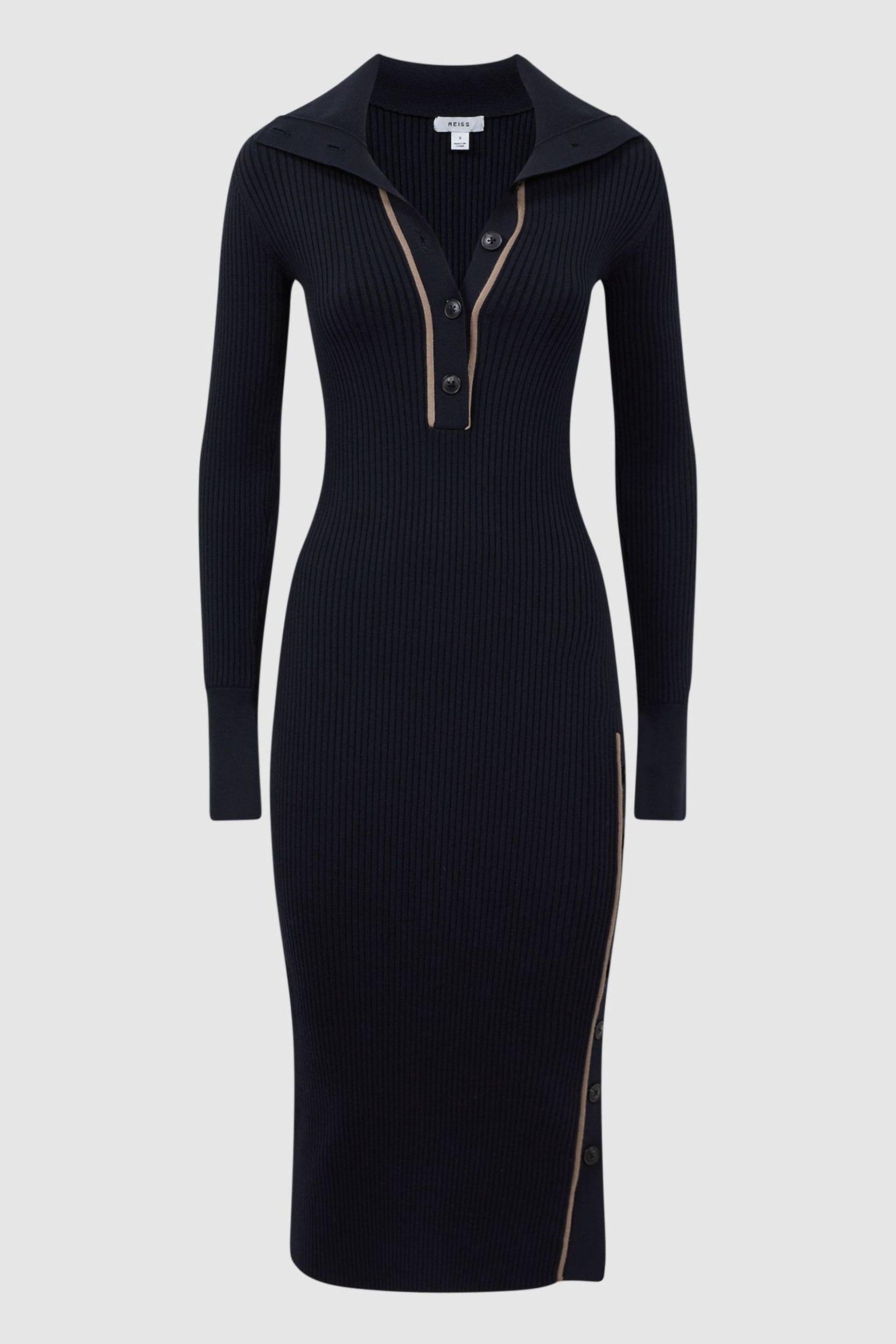 Reiss Navy/Camel Michelle Petite Bodycon Knitted Colourblock Midi Dress - Image 2 of 5