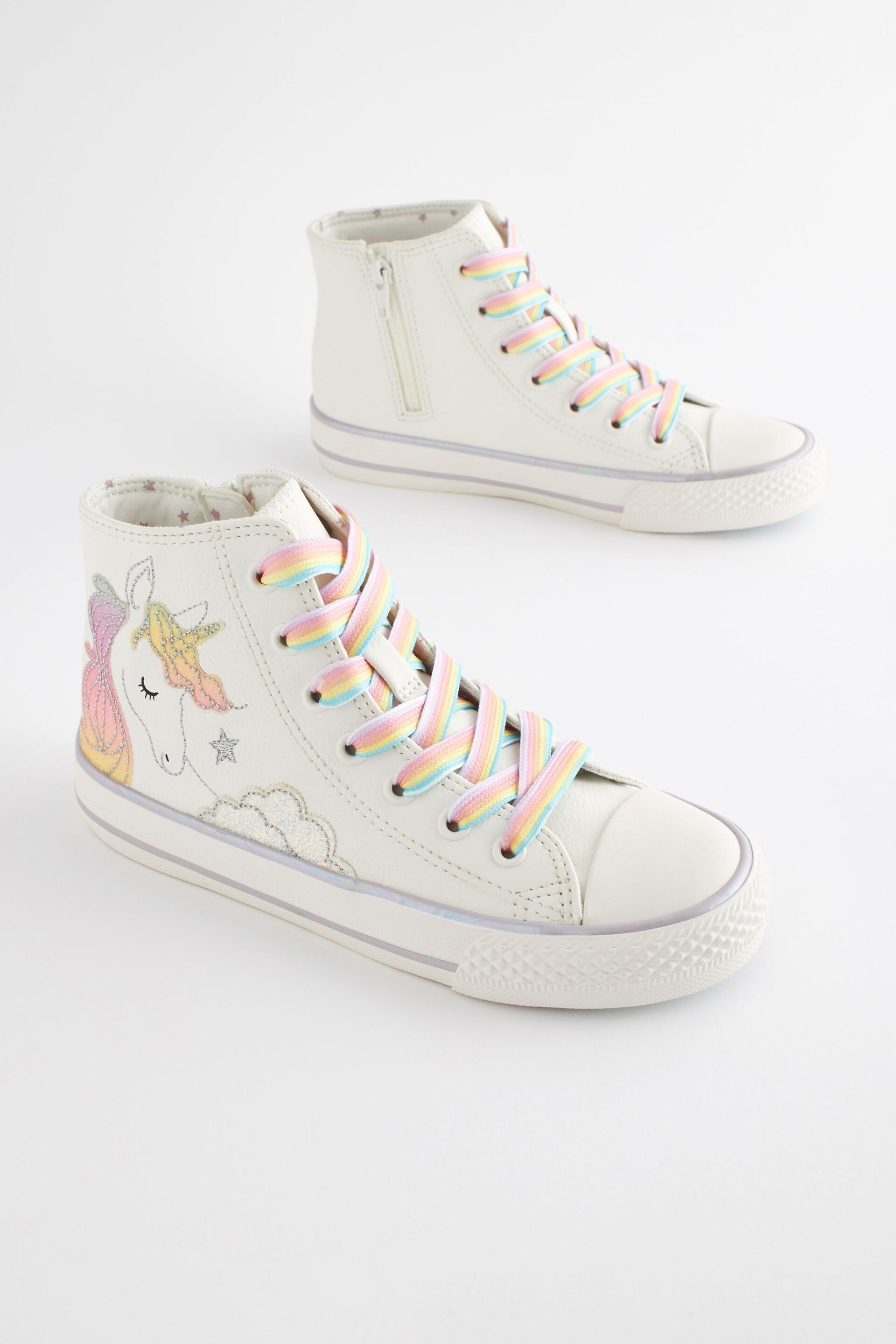 White Rainbow Unicorn Standard Fit (F) Lace-Up High Top Trainers - Image 3 of 8