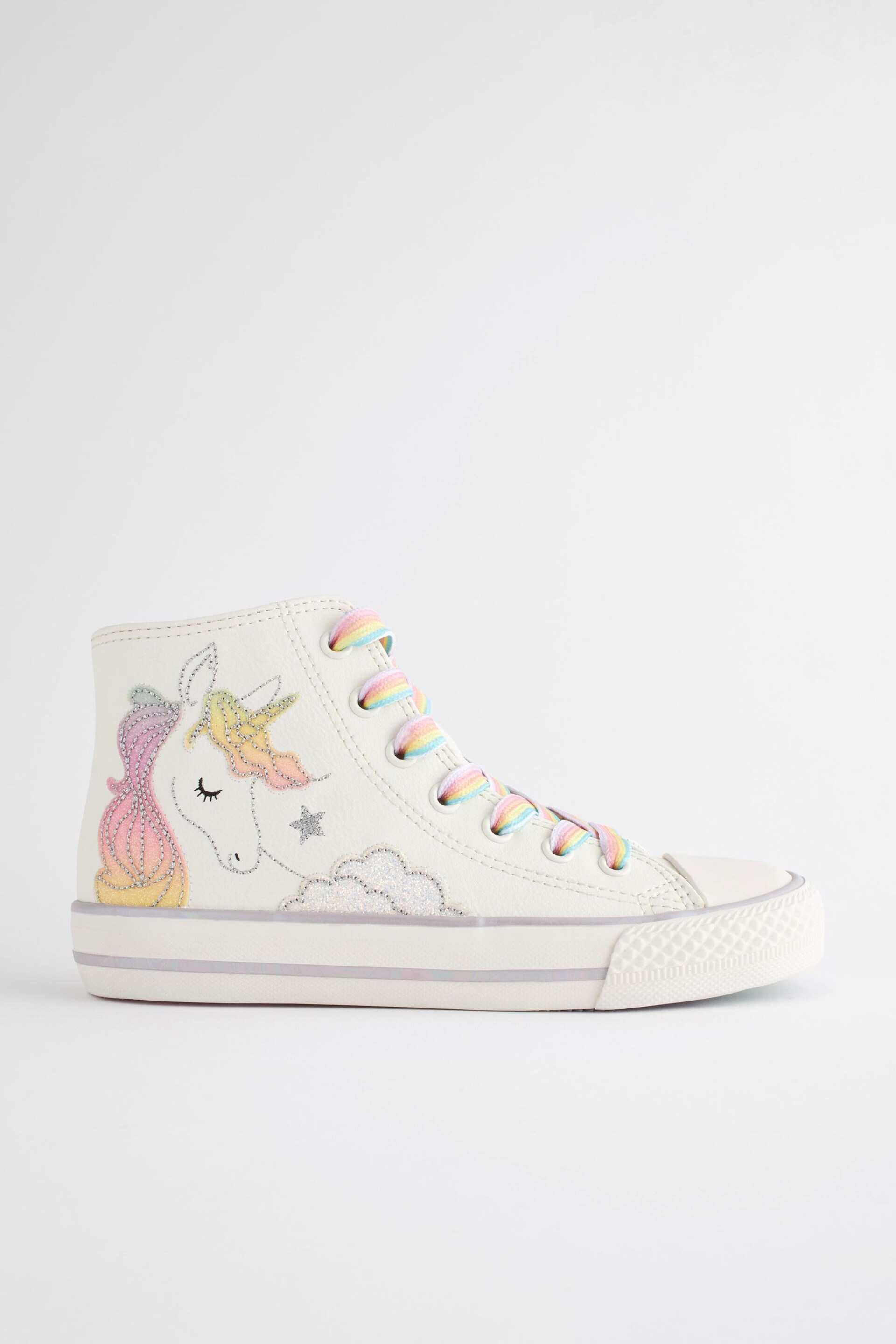 White Rainbow Unicorn Standard Fit (F) Lace-Up High Top Trainers - Image 4 of 8