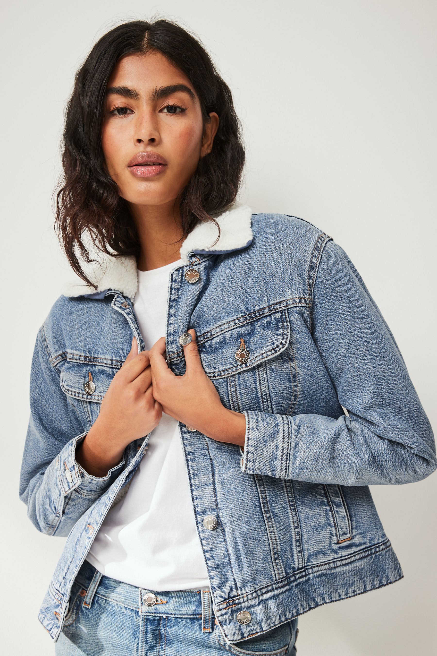 Buy Mid Blue Borg Lined Denim Jacket from the Next UK online shop