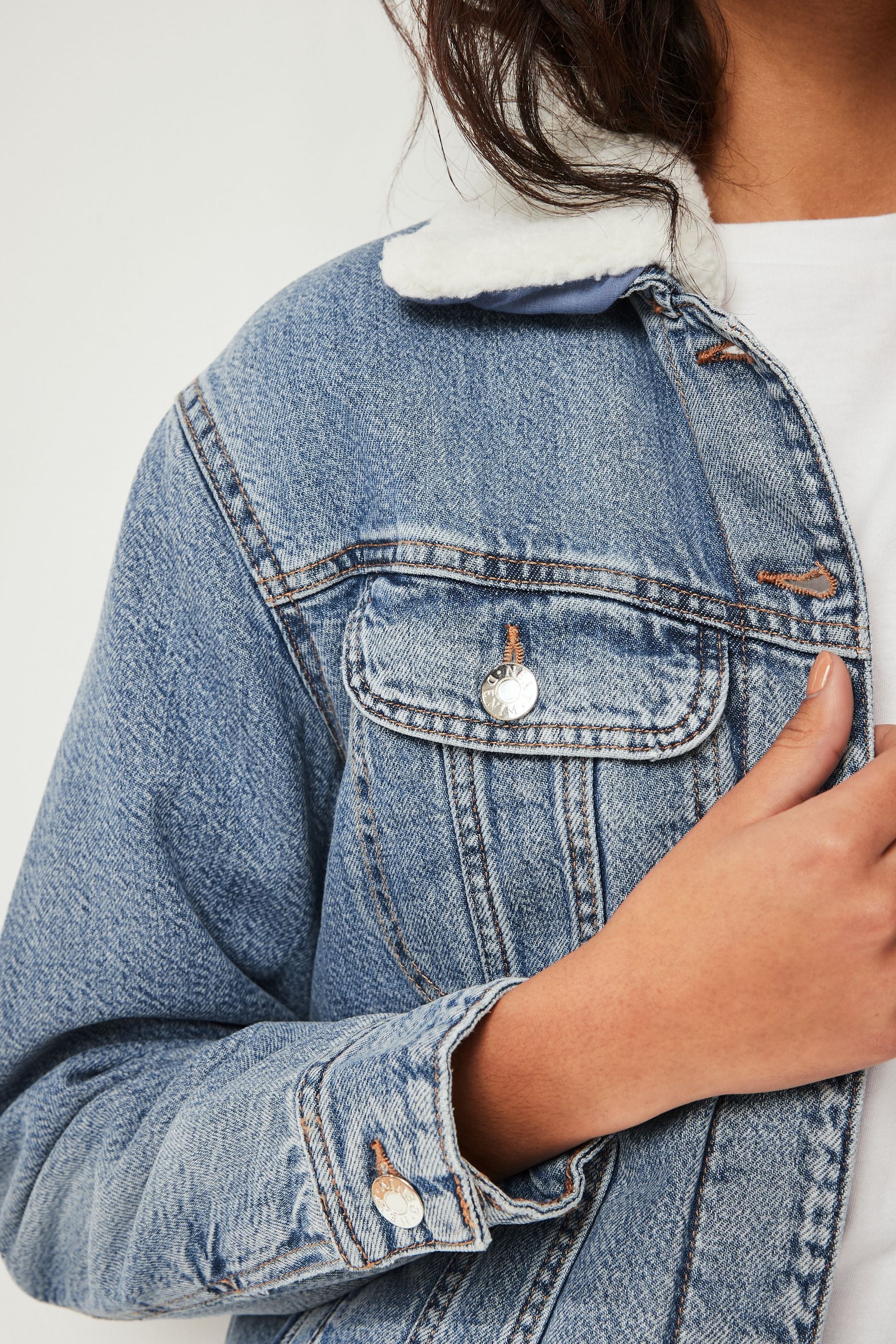 Buy Mid Blue Borg Lined Denim Jacket from the Next UK online shop
