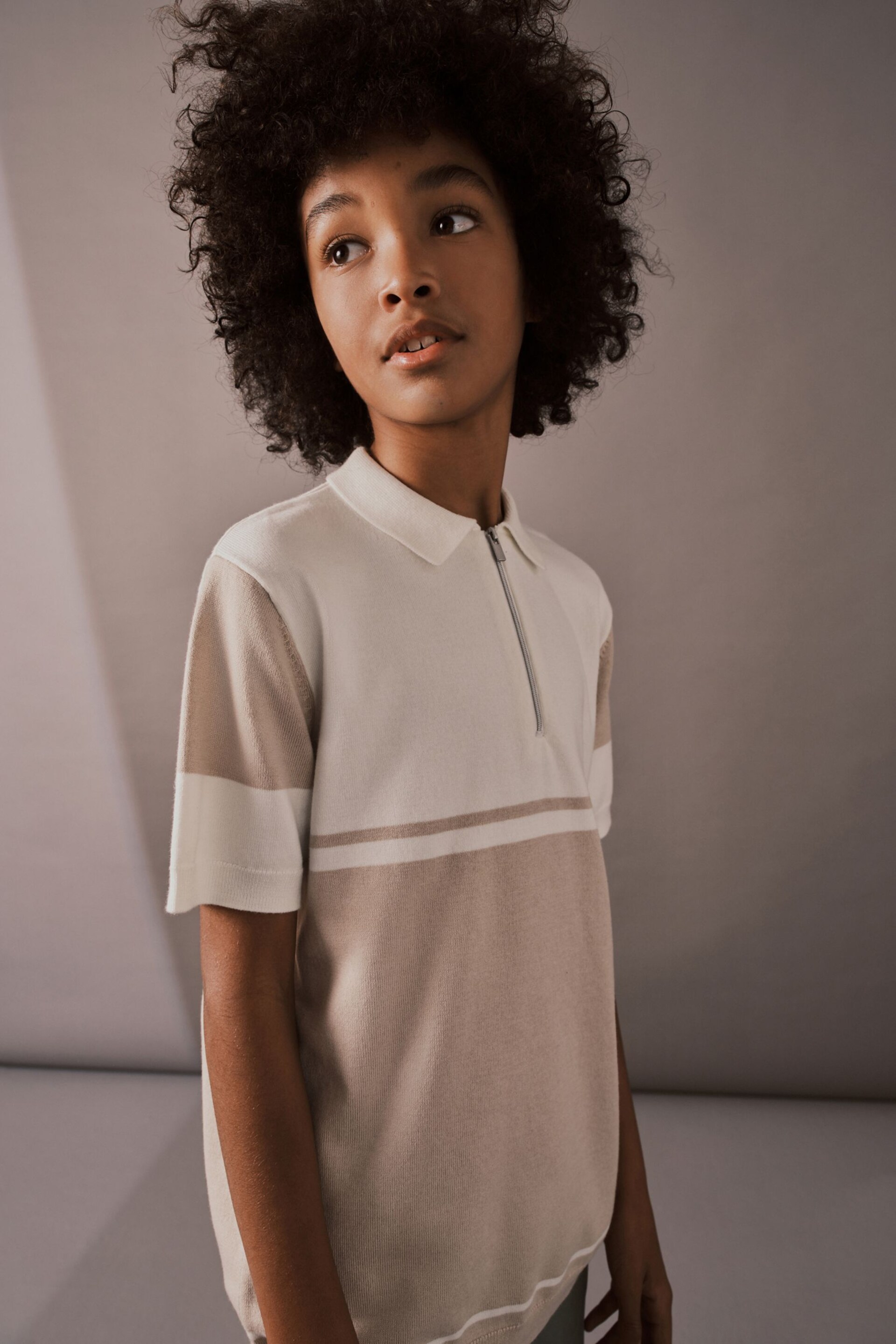 Neutral Short Sleeved Colourblock Zip Polo Shirt (3-16yrs) - Image 1 of 6