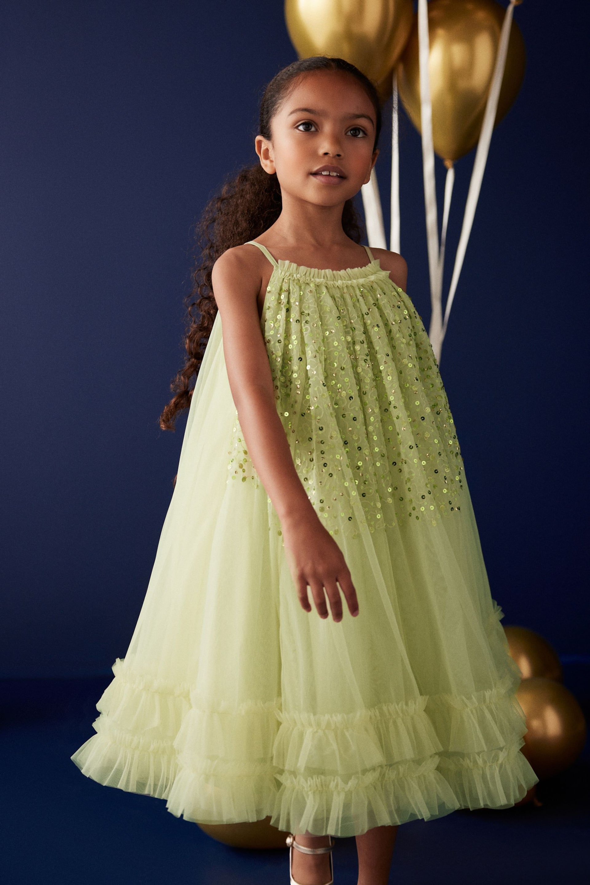 Matcha Green Sequin Mesh Trapeze Occasion Dress (3-16yrs) - Image 1 of 7