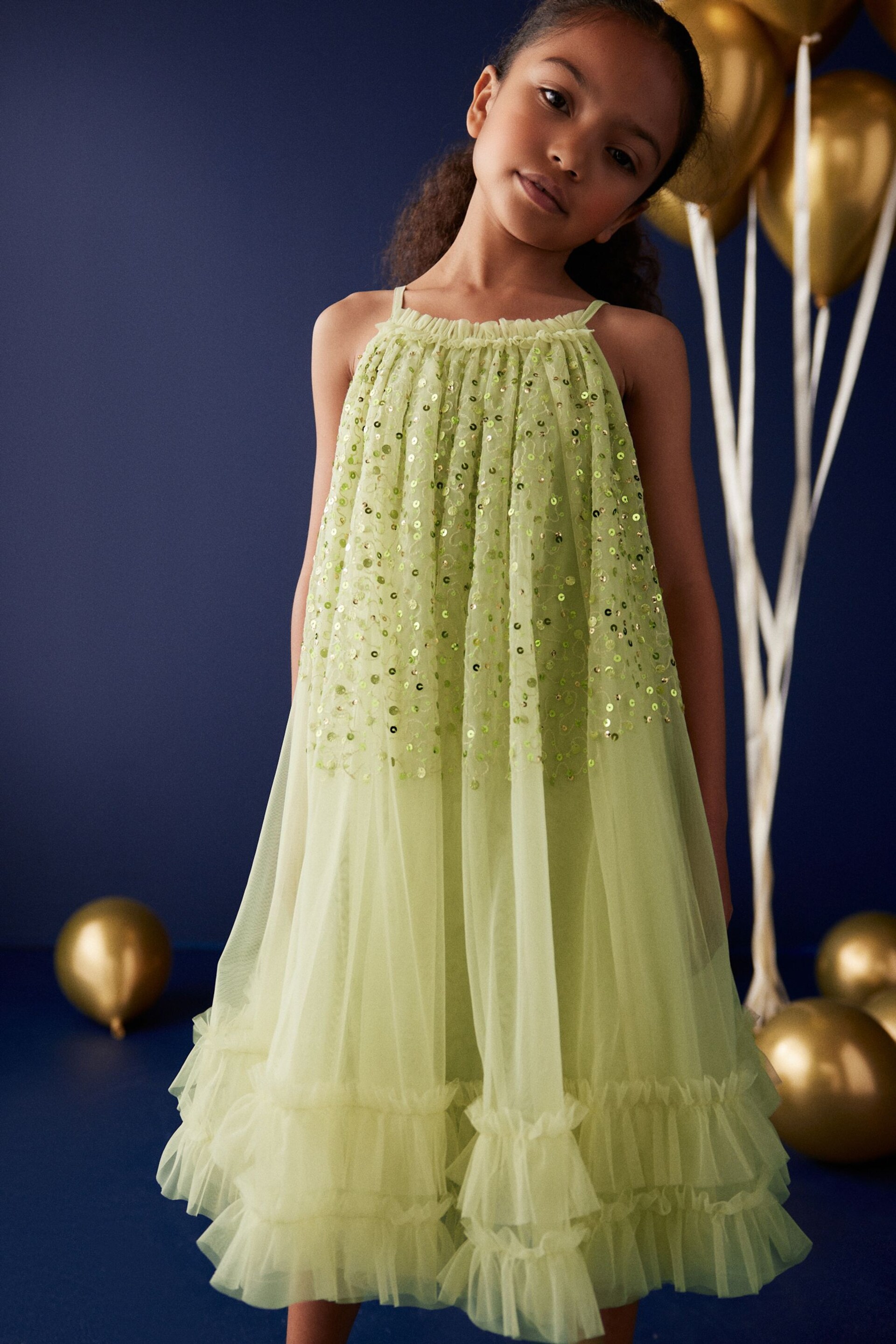 Matcha Green Sequin Mesh Trapeze Occasion Dress (3-16yrs) - Image 2 of 7