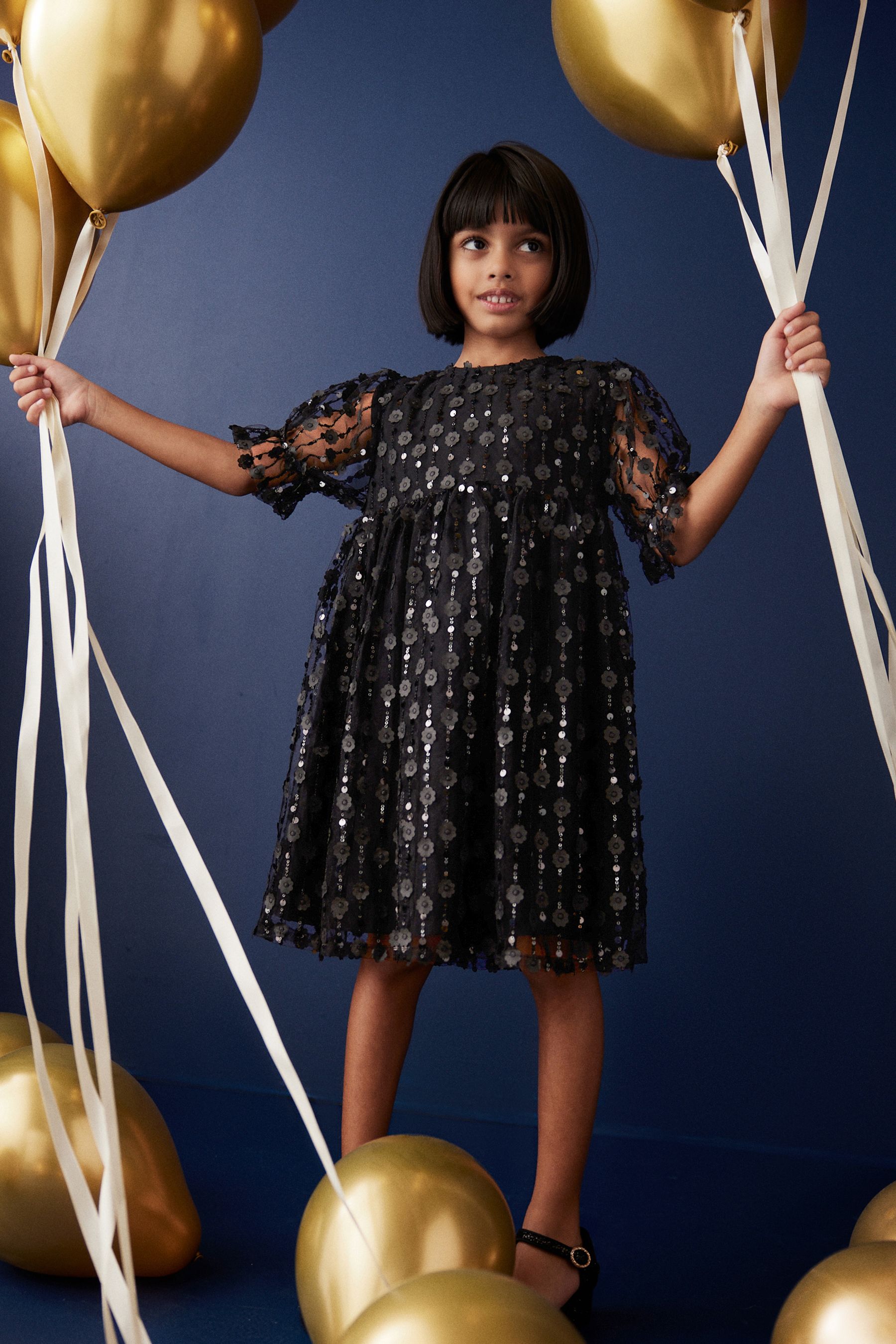 NEXT Black Sequin Mesh Flower Party Dress 3 16yrs 34years Girls