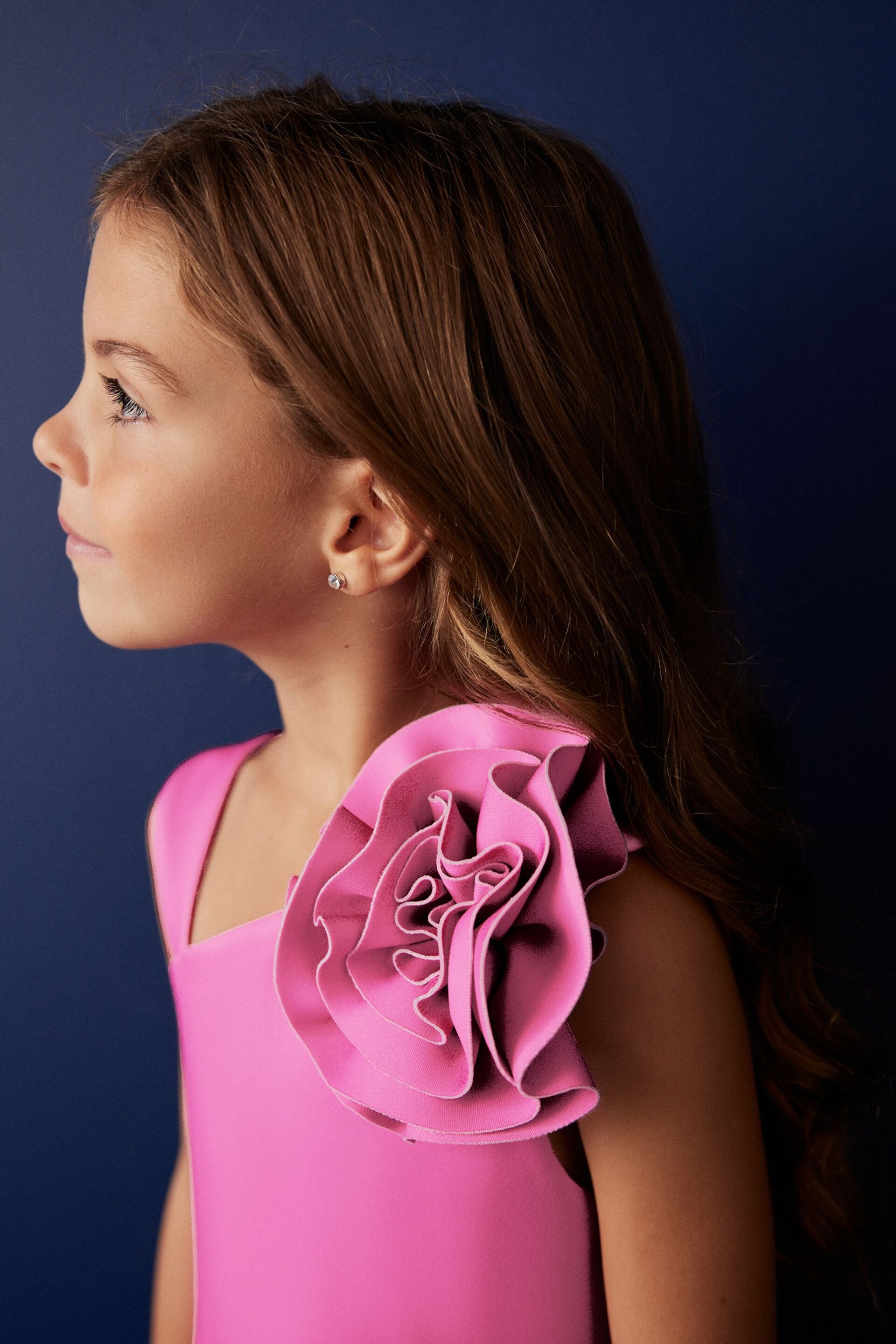 Pink 3D Flower Corsage Asymmetric Scuba Occasion Dress (1.5-16yrs) - Image 4 of 7