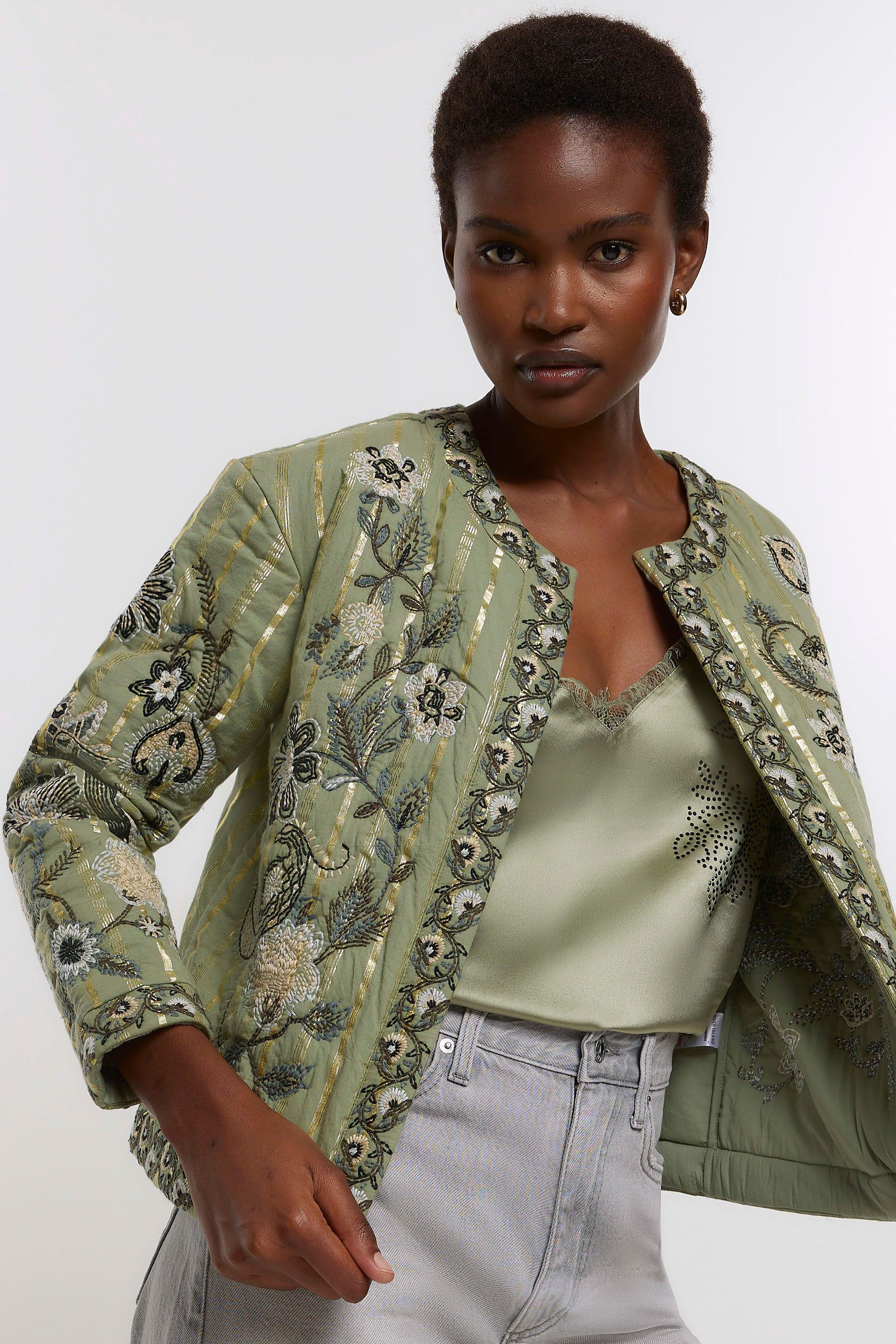Buy River Island Green Khaki Quilted Embroidered House Coat from Next Ireland