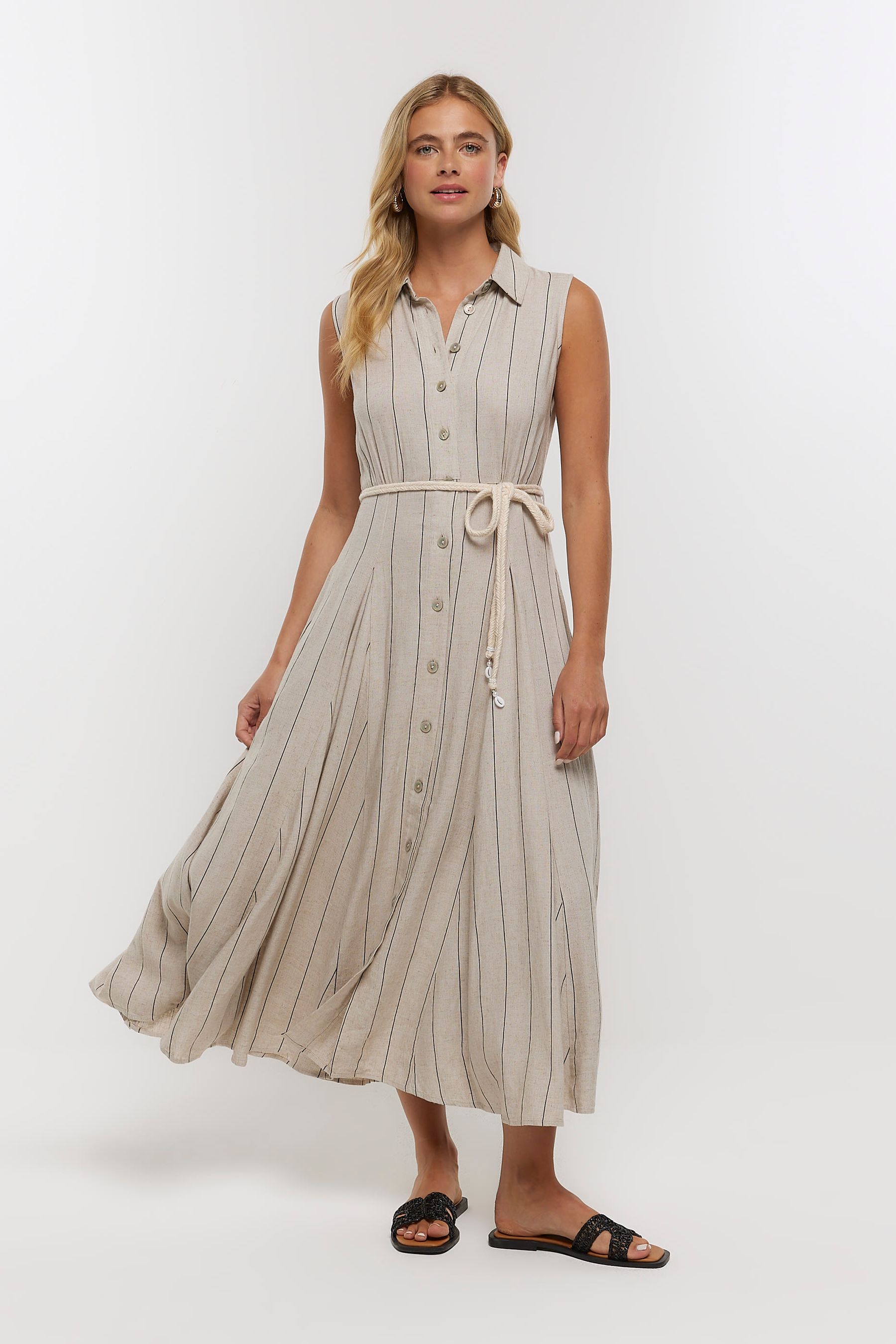 Buy River Island Natural Stone Stripe Godet Linen Midi Dress from Next Luxembourg