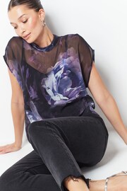 Purple Floral Sheer Layer Cap Sleeve Top - Image 2 of 6