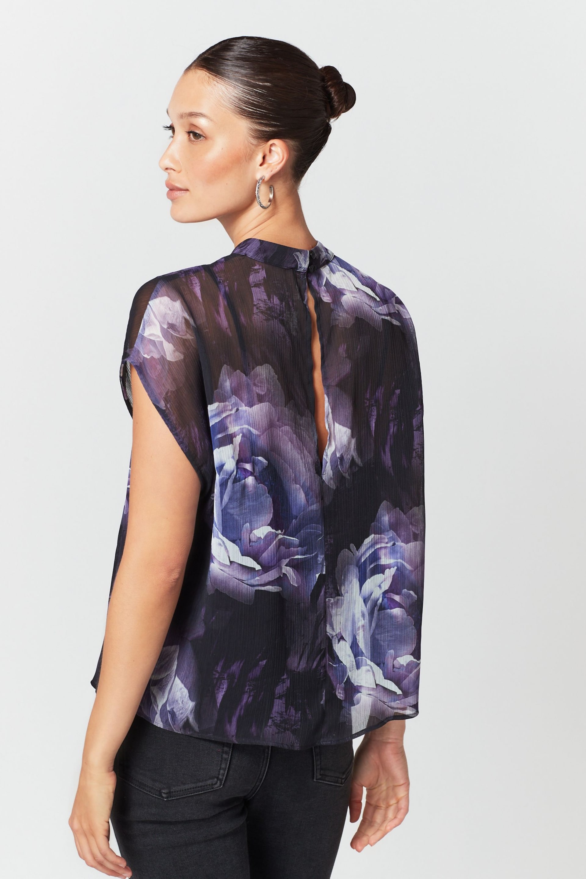 Purple Floral Sheer Layer Cap Sleeve Top - Image 3 of 6