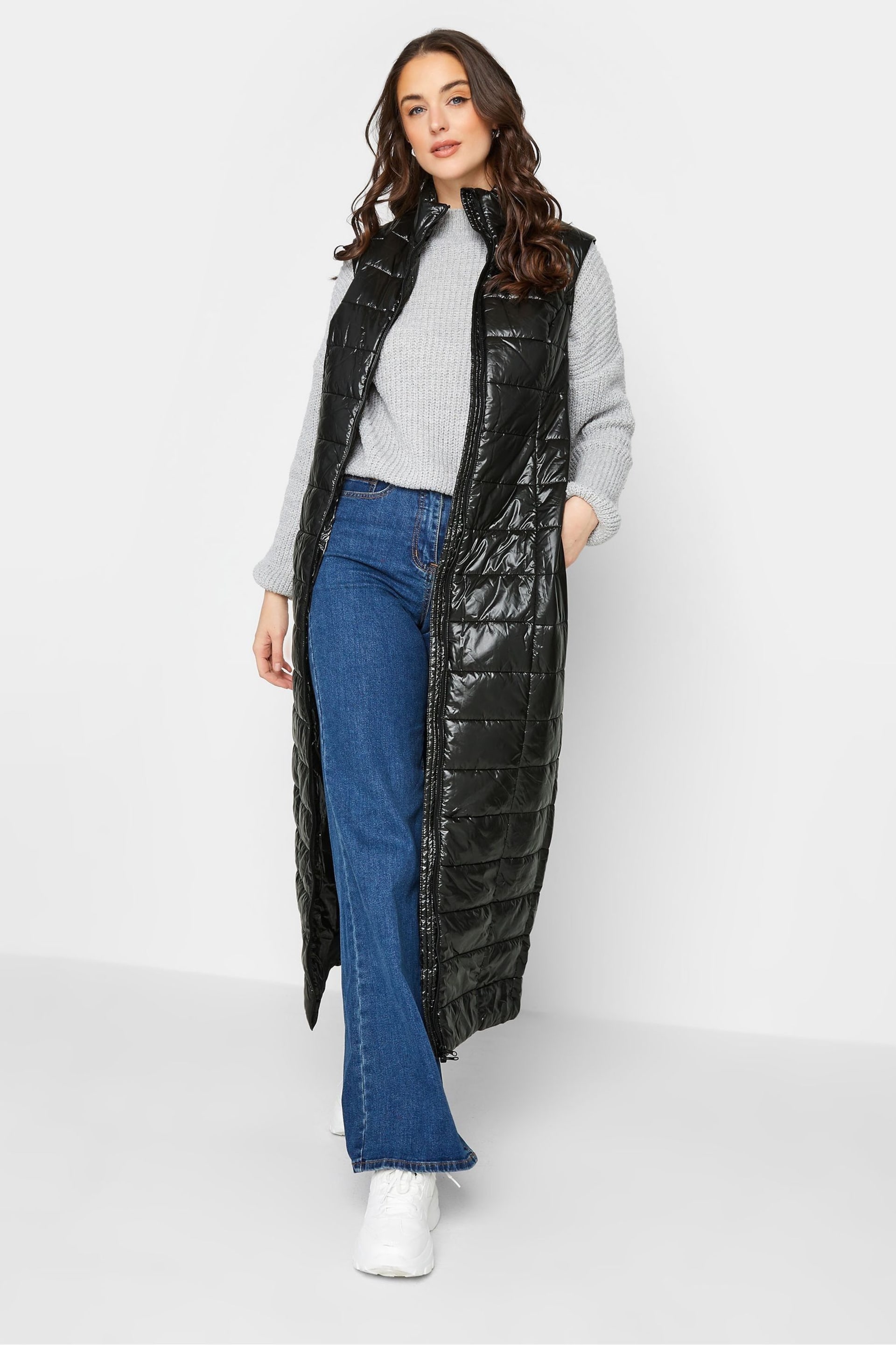 Long Tall Sally Black High Shine Maxi Puffer Gilet - Image 1 of 4