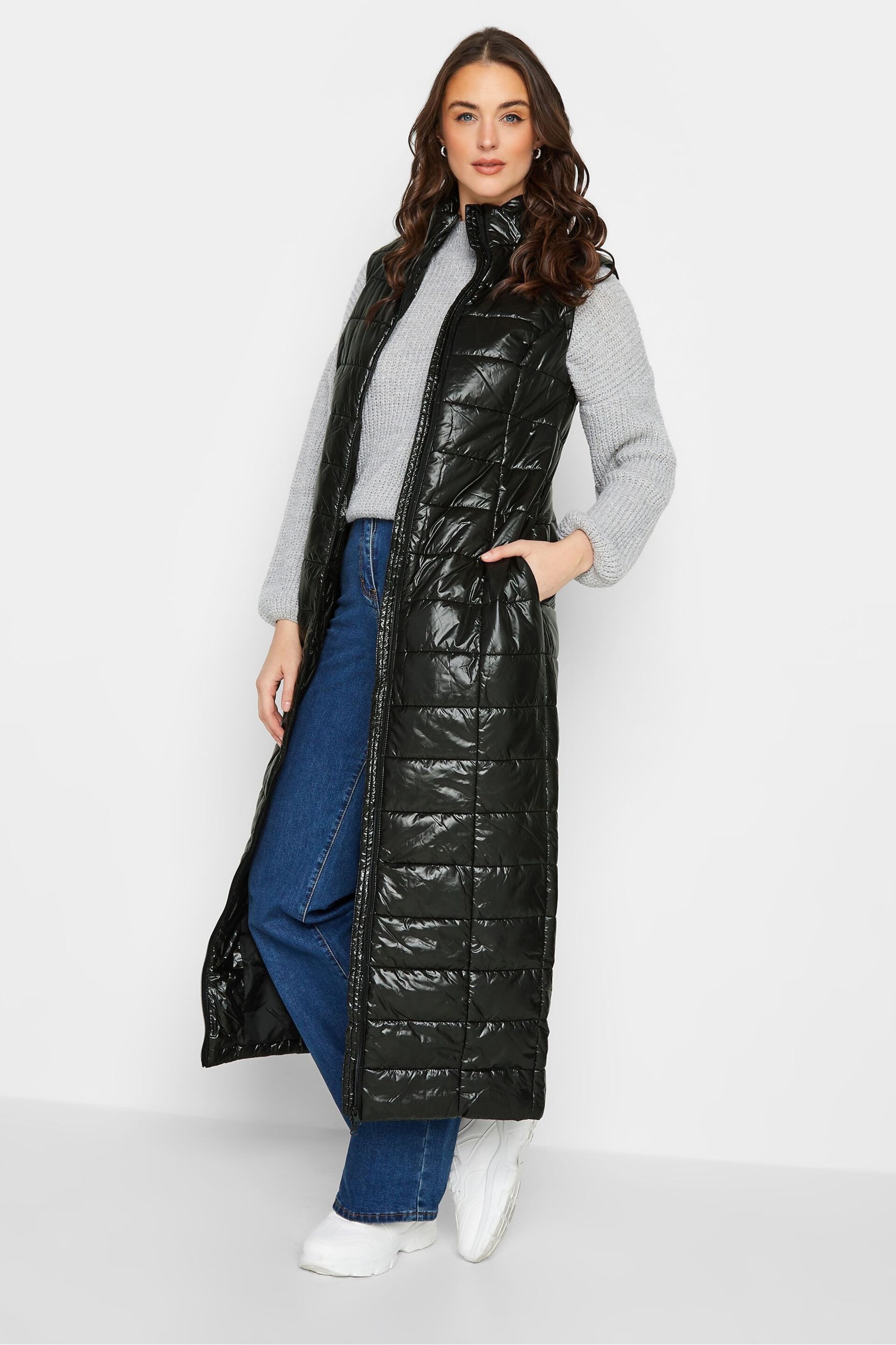 Long Tall Sally Black High Shine Maxi Puffer Gilet - Image 3 of 4