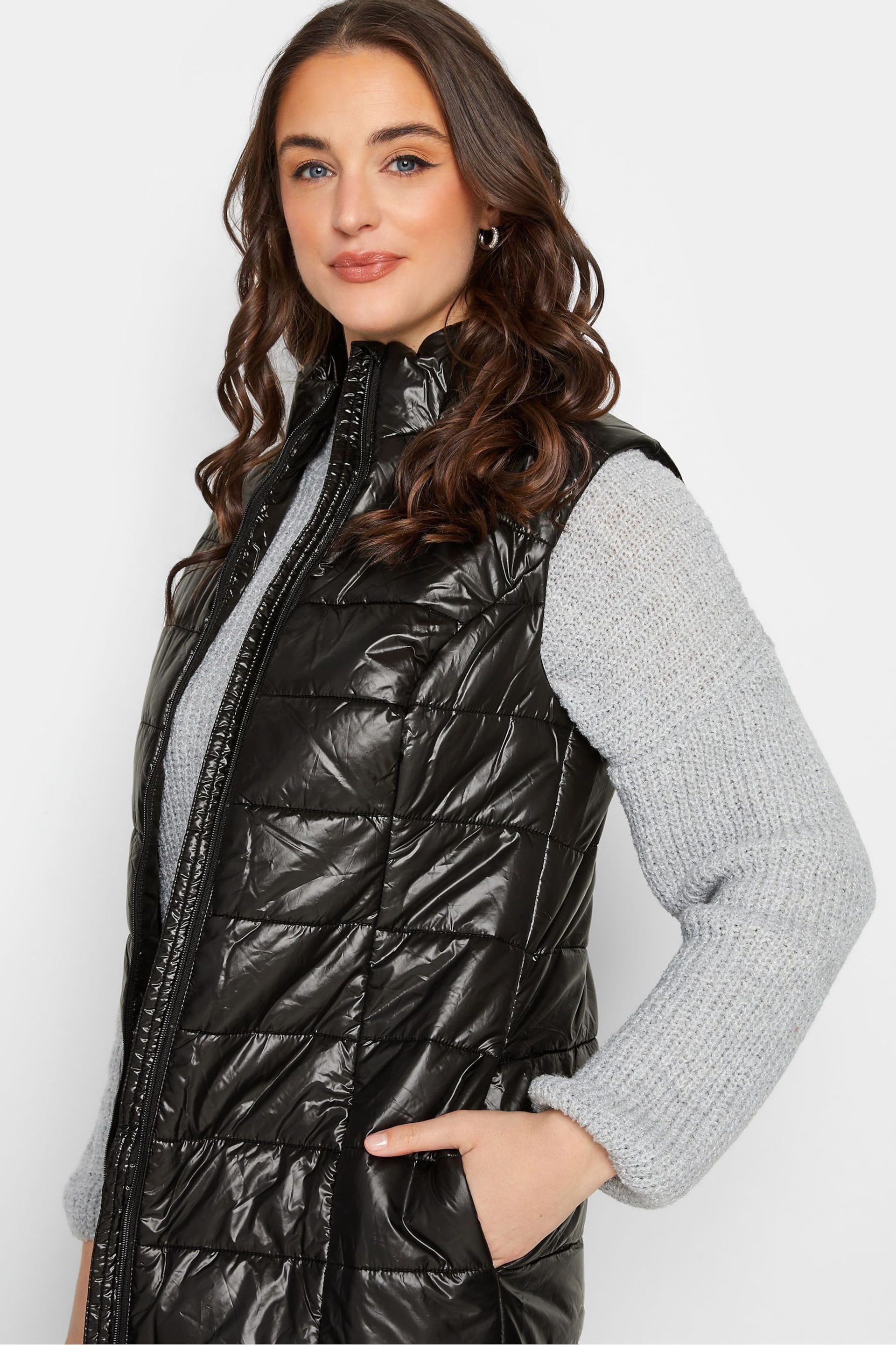 Long Tall Sally Black High Shine Maxi Puffer Gilet - Image 4 of 4