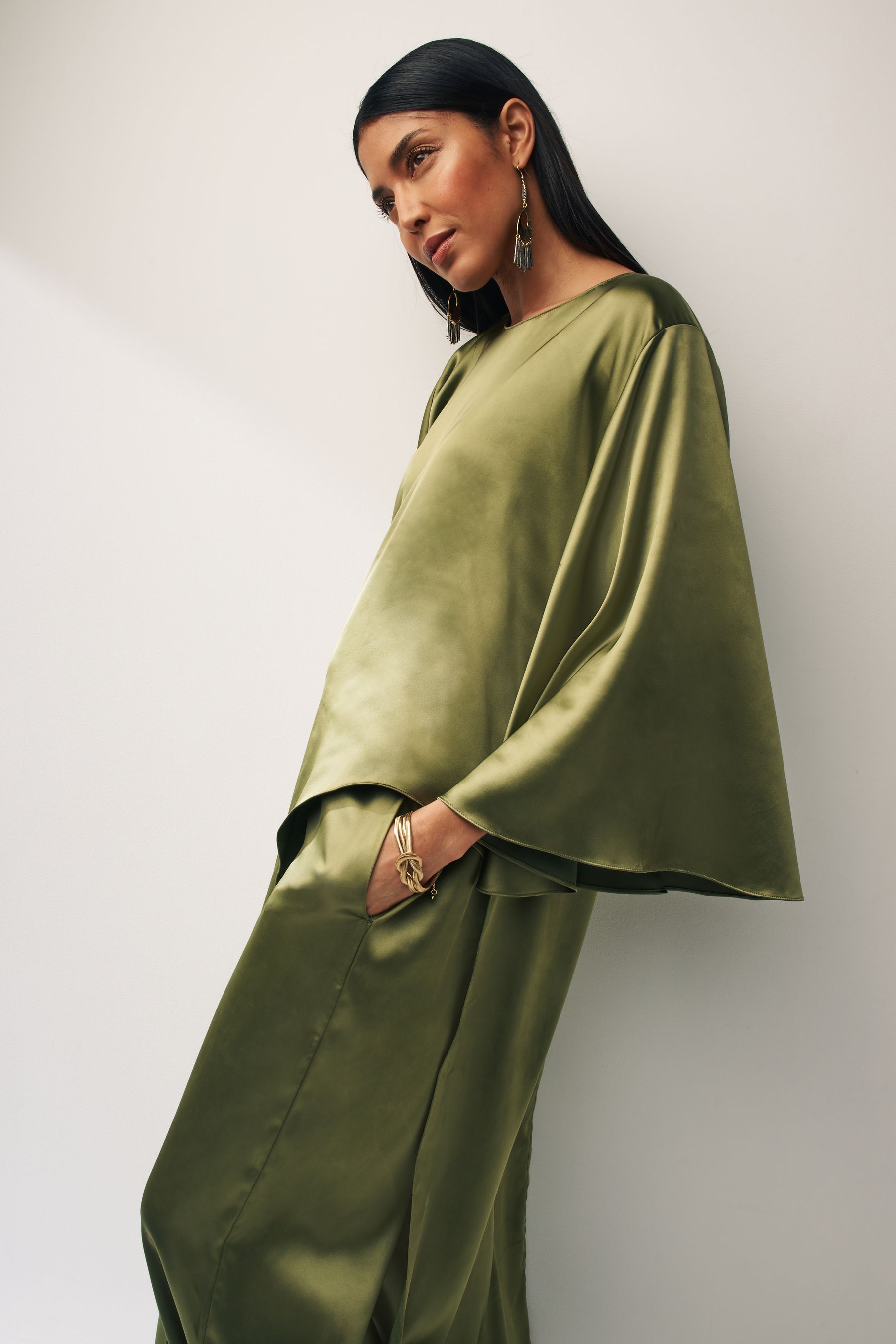 Buy Green Longline Satin Blouse from Next Luxembourg
