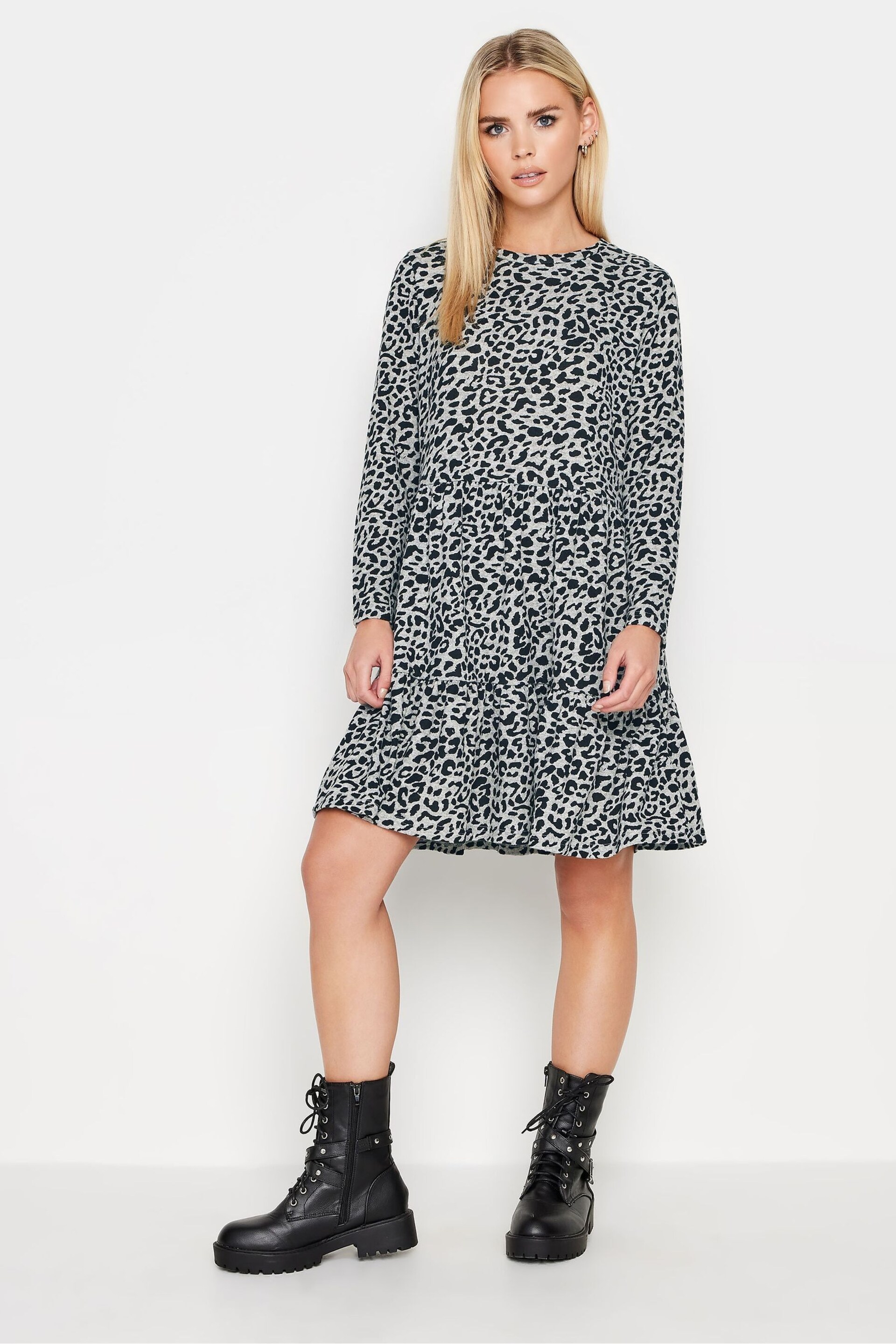 PixieGirl Petite Grey Animal Long Sleeve Tiered Dress - Image 2 of 5