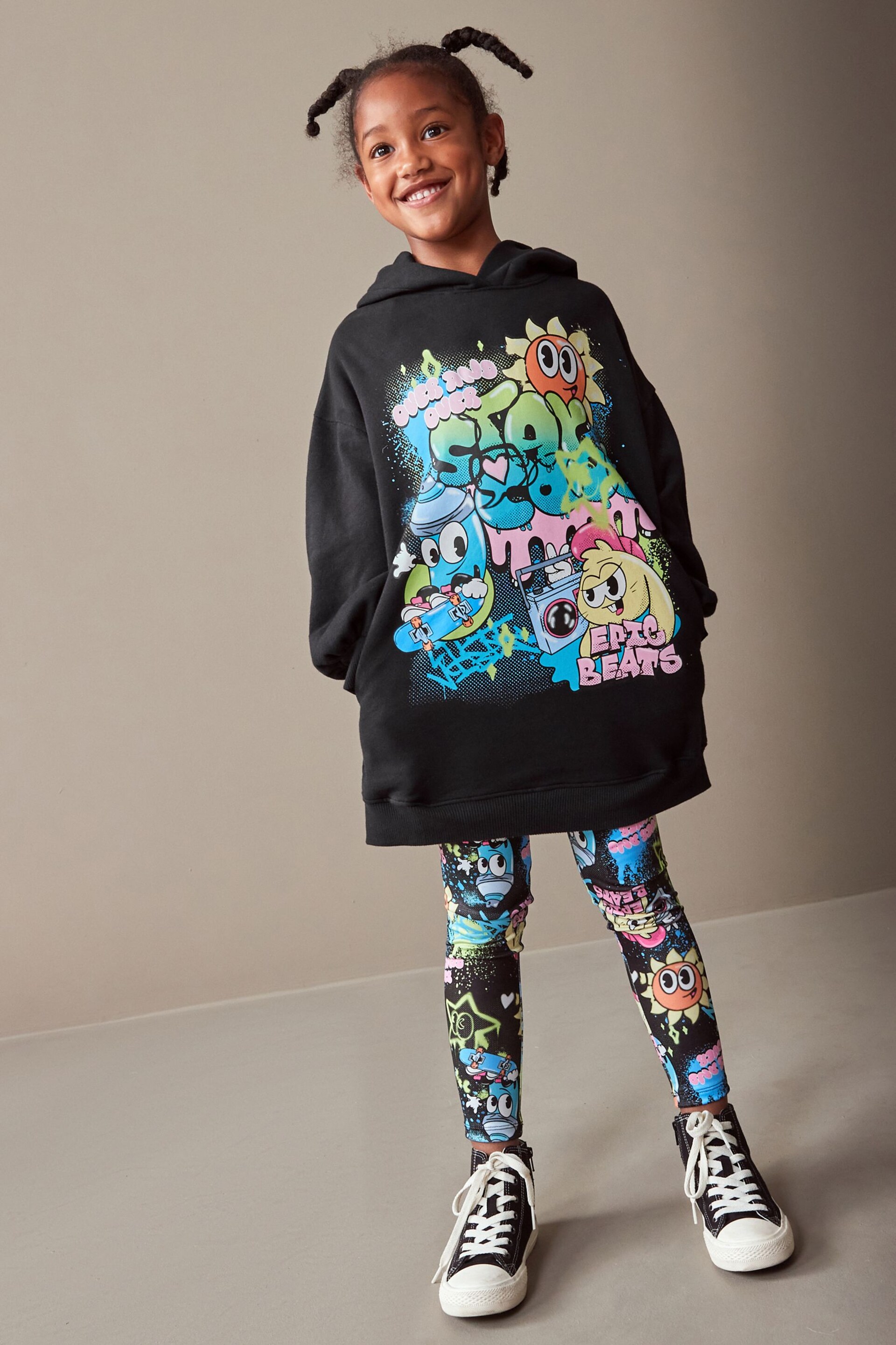 Black Graffiti Longline Hoodie And Leggings Set (3-16yrs) - Image 1 of 8