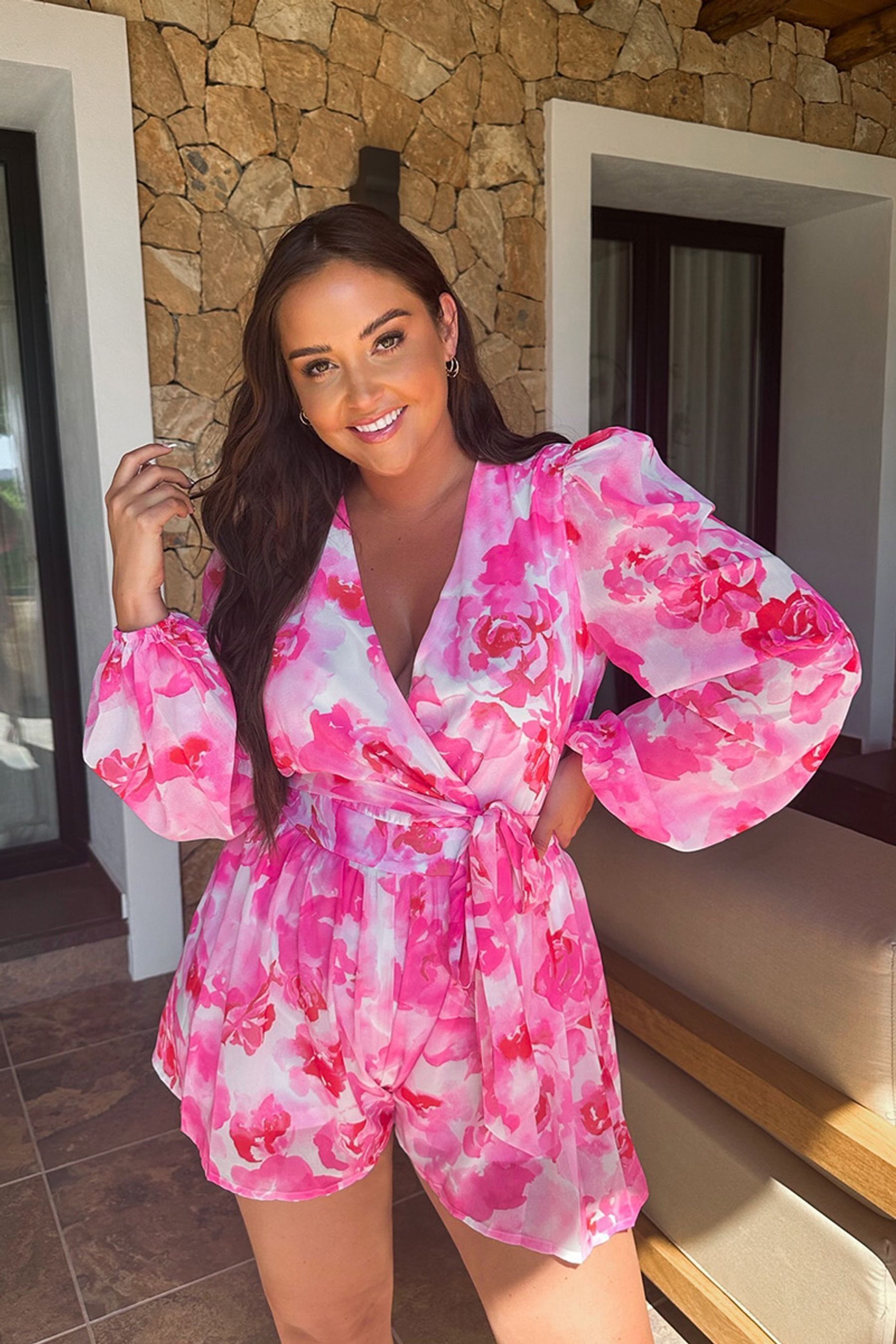 Buy In The Style Pink Jac Jossa Long Sleeve Wrap Playsuit from the Next UK online shop