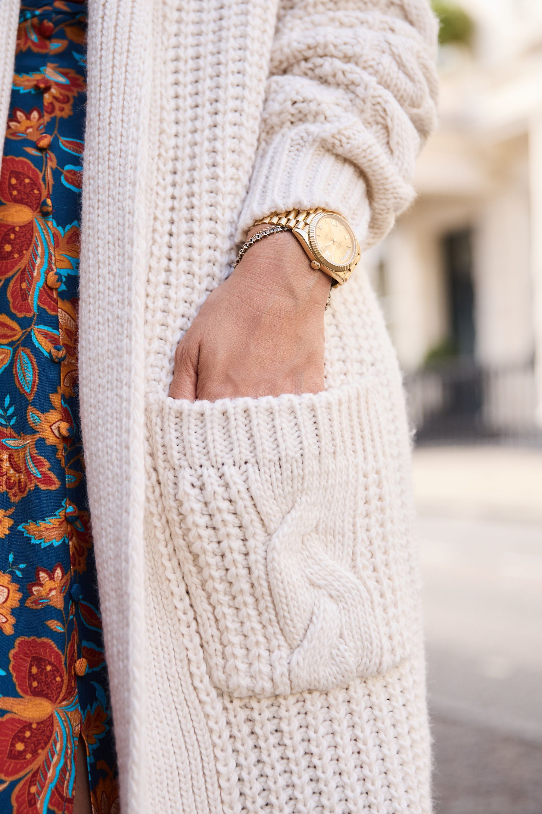 Long cream cable knit cardigan sale