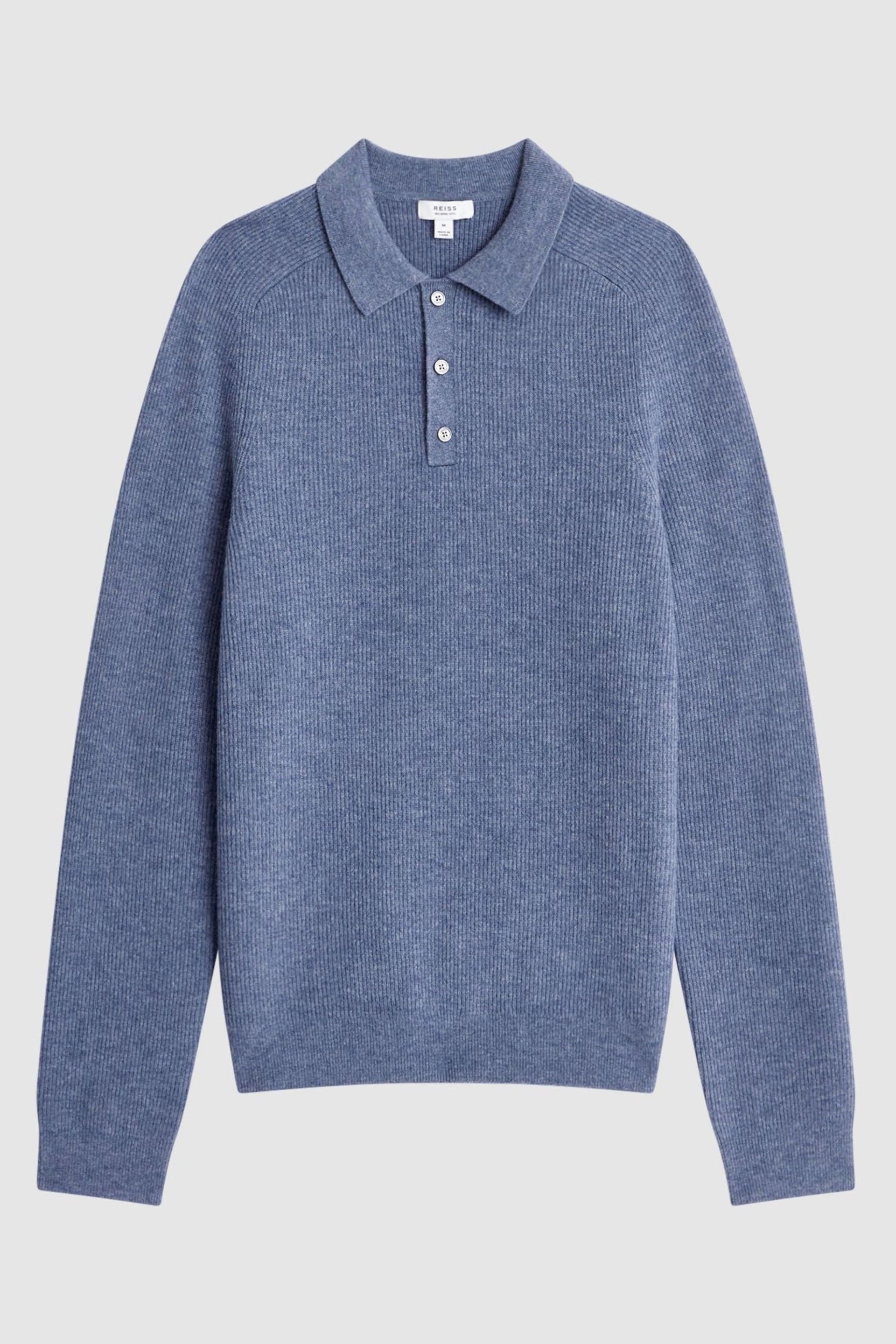 Reiss Blue Melange Holms Wool Long Sleeve Polo Shirt - Image 2 of 4