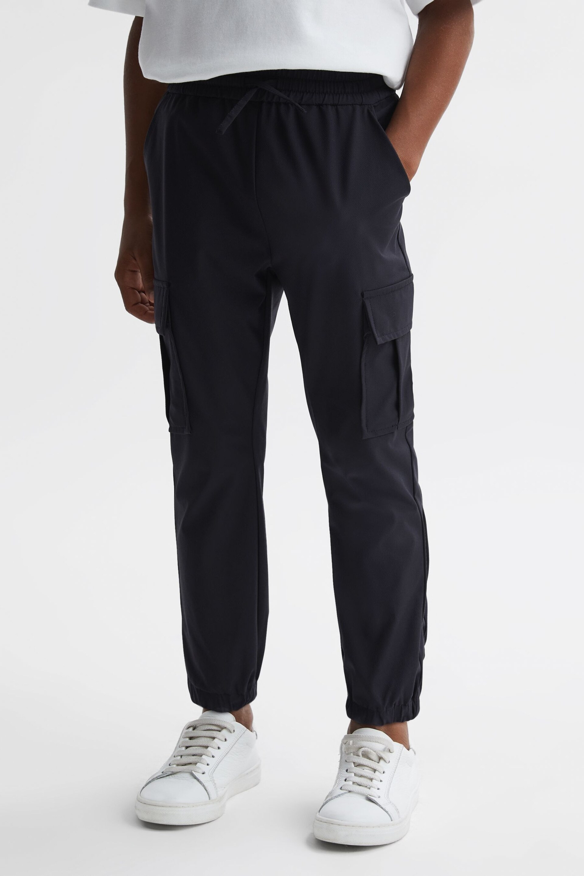 Reiss Navy Lucian Junior Technical Drawstring Cuffed Joggers - Image 1 of 5