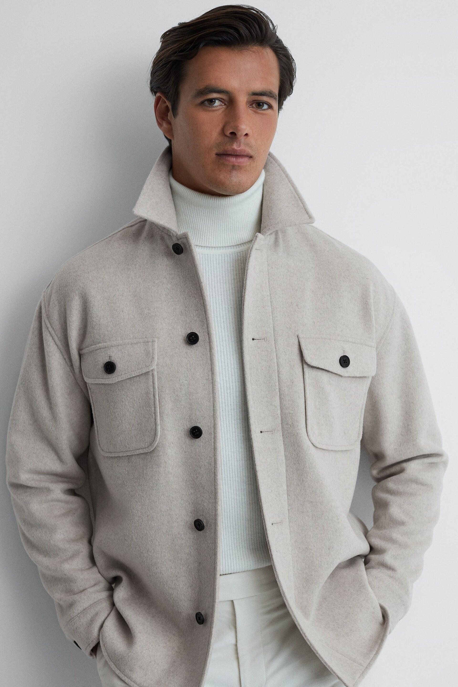 Reiss Oatmeal Liam Wool Blend Brushed Overshirt - Image 1 of 5