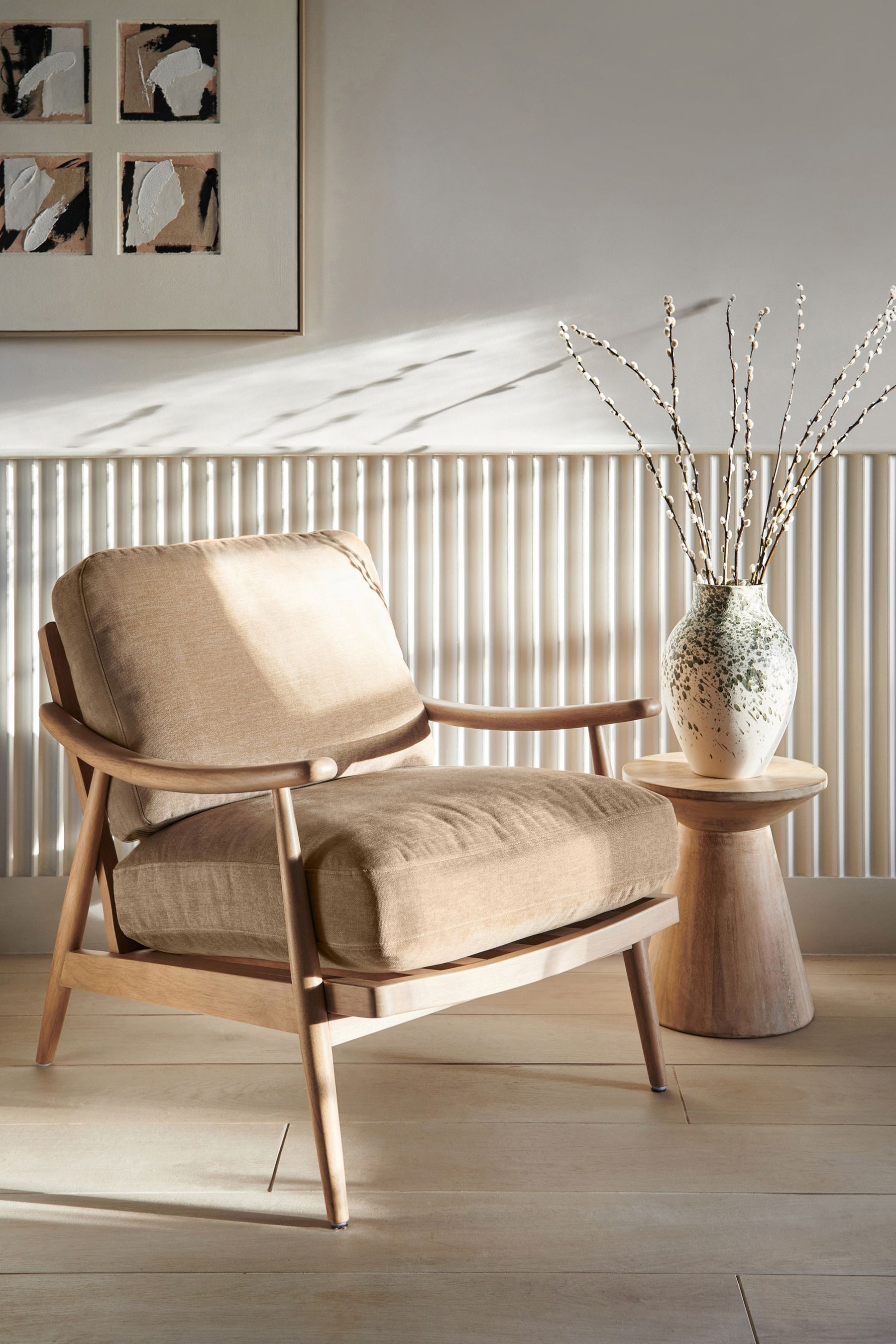 Buy Fine Chenille Sand Natural Light Oak Effect Frame Hampton Wooden Accent Chair Chair from the Next UK online shop
