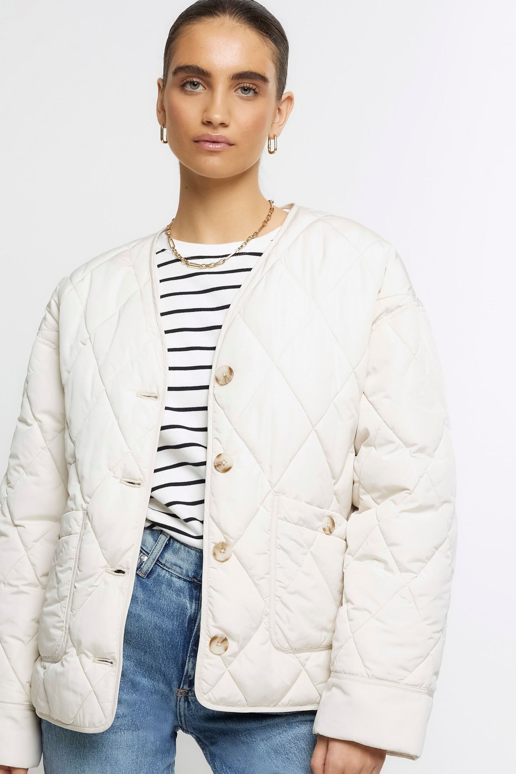 Buy River Island Cream Faux Fur Collar Padded Coat from Next Luxembourg