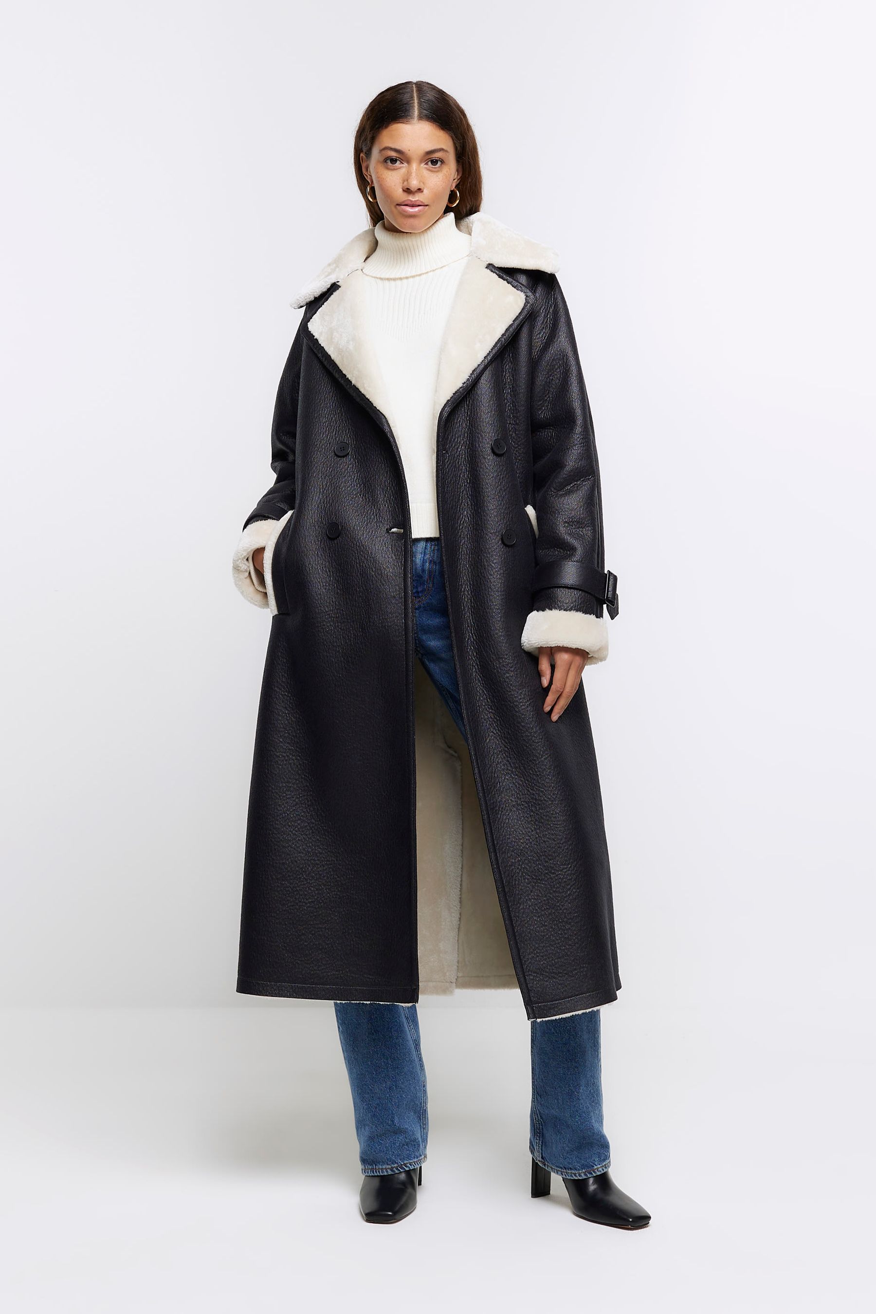 Buy River Island Black Shearling Belted Trench Coat from Next Luxembourg