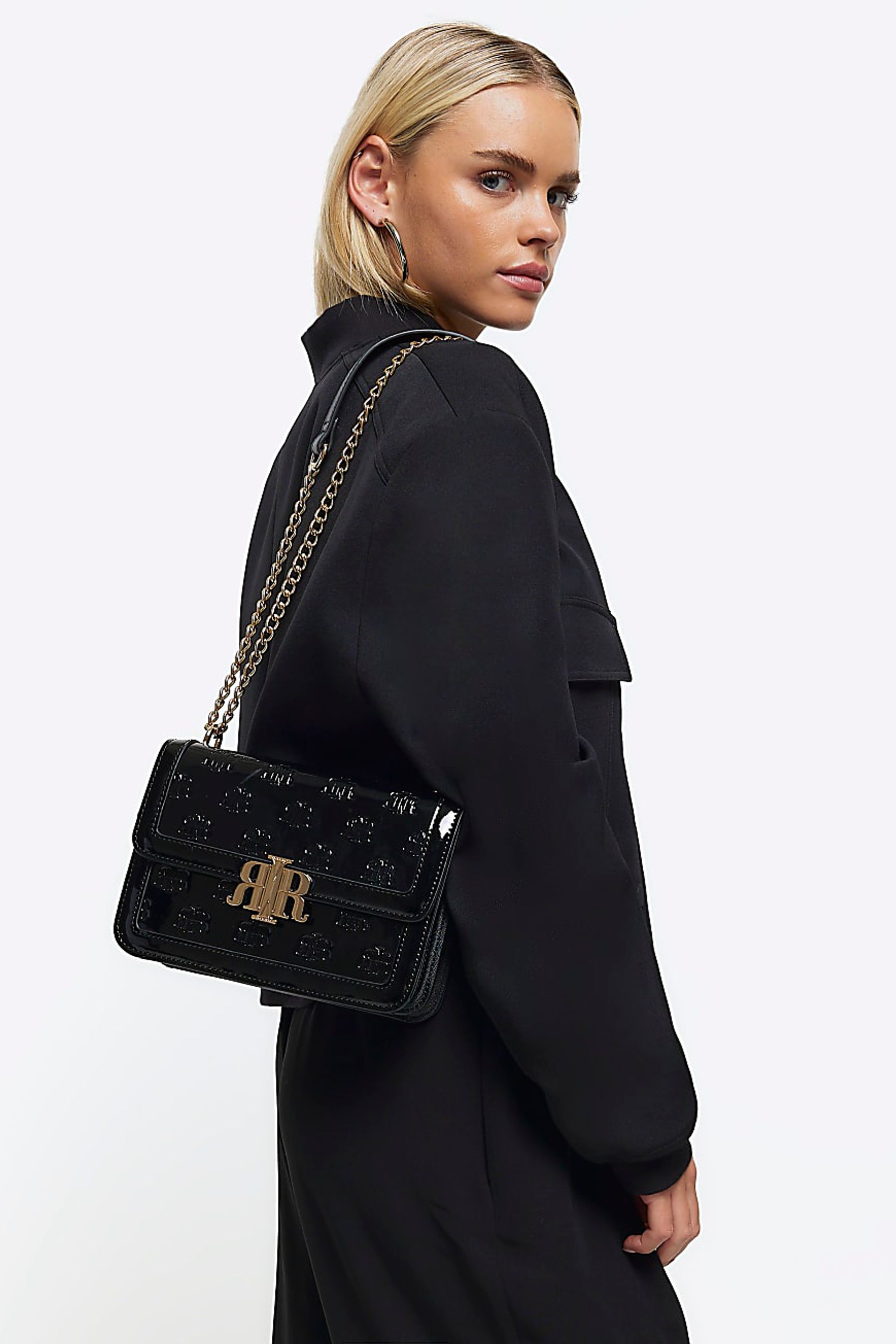 River Island Black Embossed Lock Satchel Bag