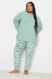 Yours Curve Green Animal Print Heart Borg Fleece Lounge Set - Image 3 of 5