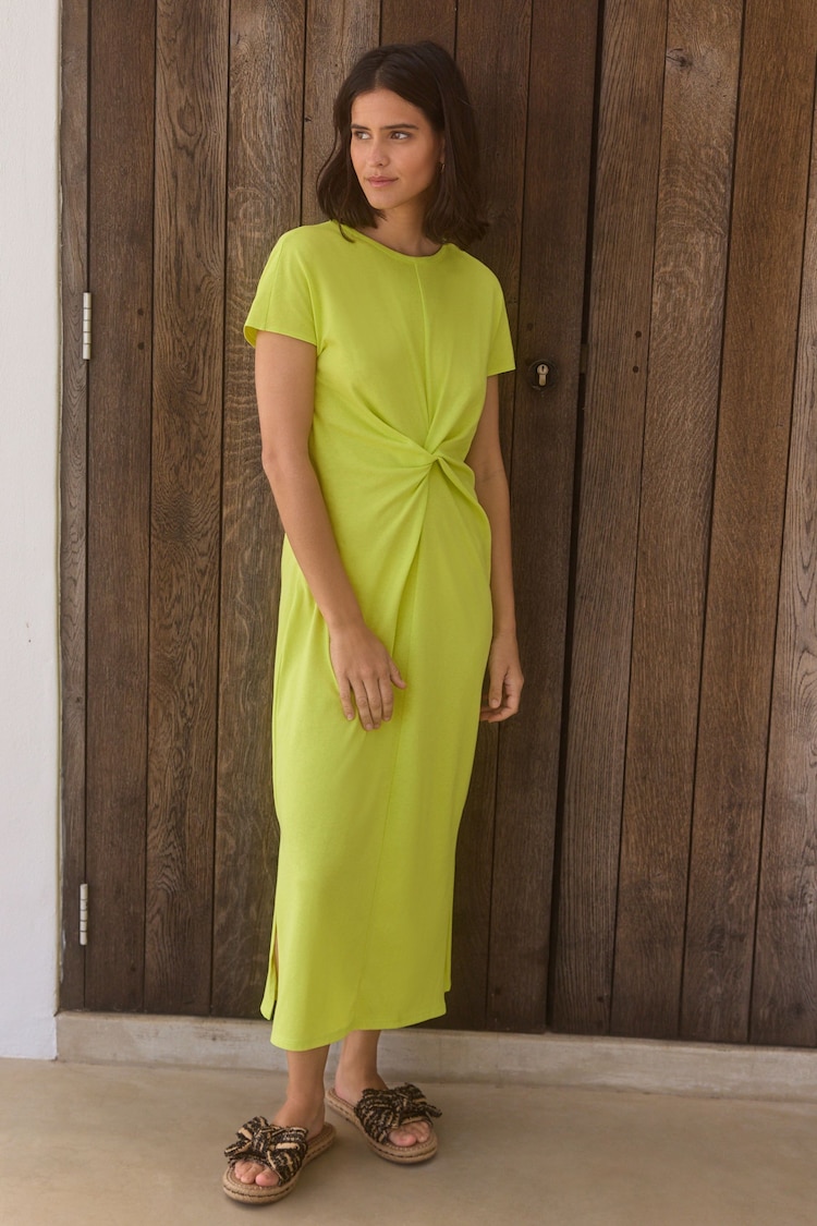 Lime Green 100% Cotton Twist Short Sleeved T-Shirt Summer Dress - Image 2 of 7