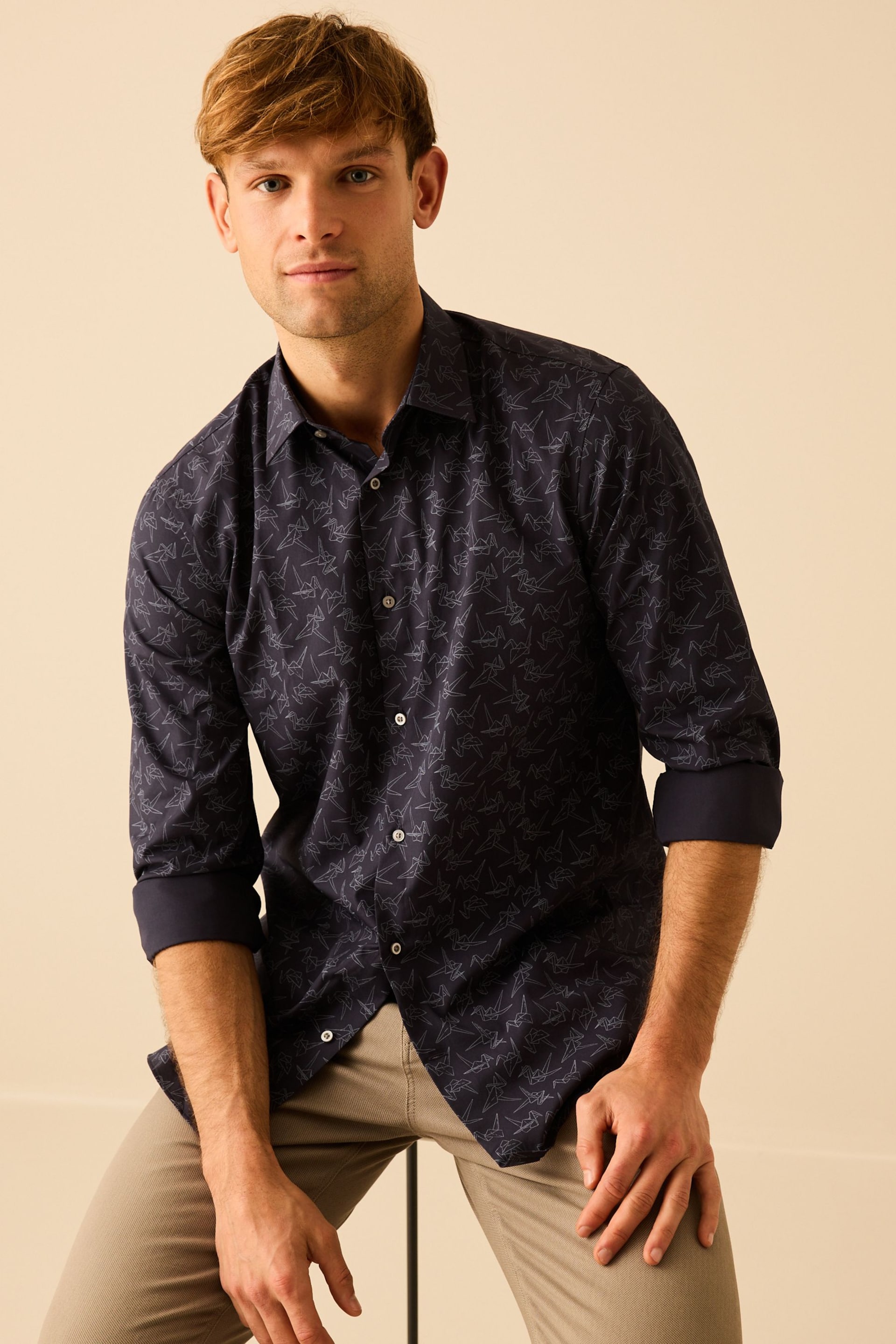 Navy Blue Origami Bird Printed Trimmed Shirt - Image 4 of 8