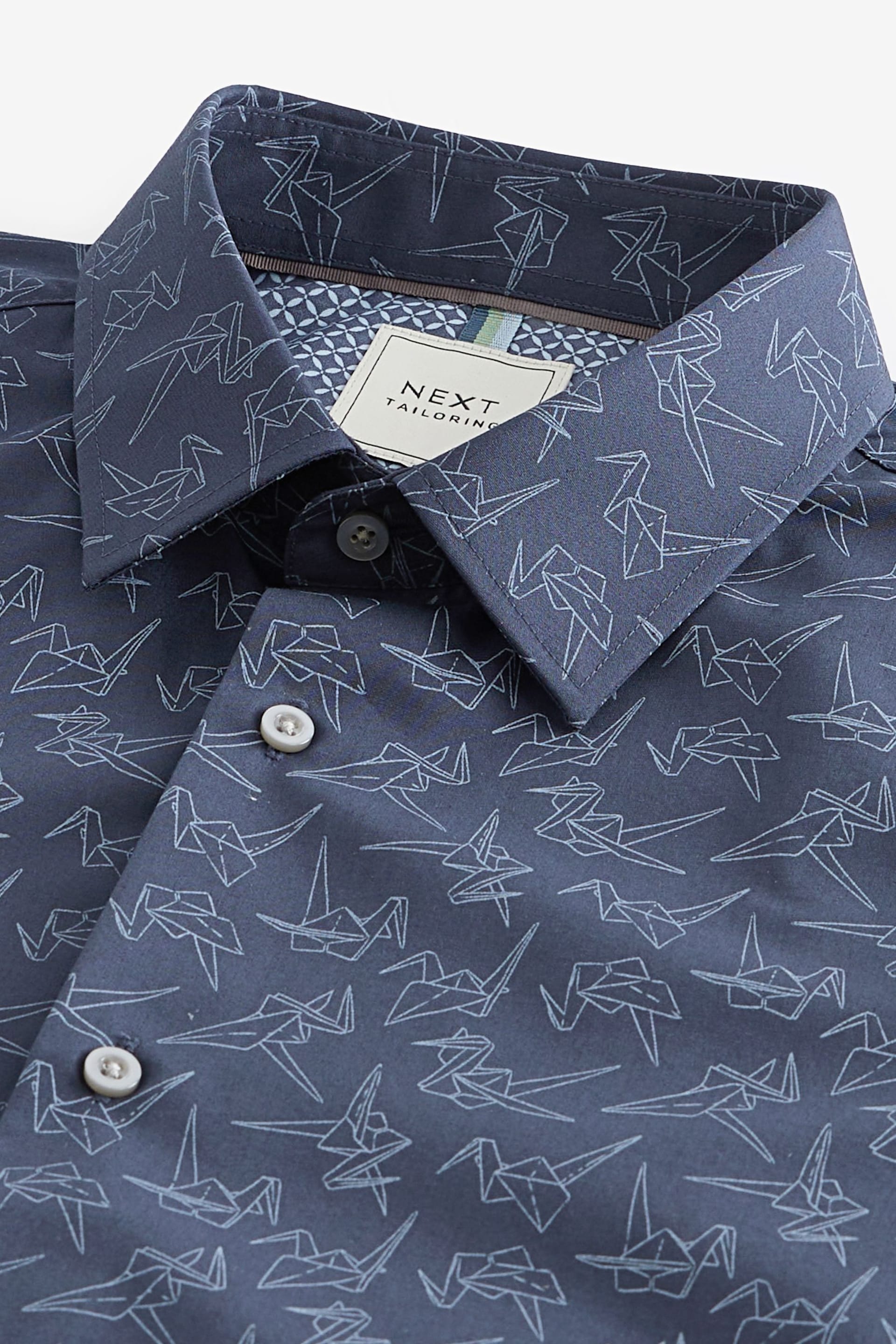 Navy Blue Origami Bird Printed Trimmed Shirt - Image 7 of 8