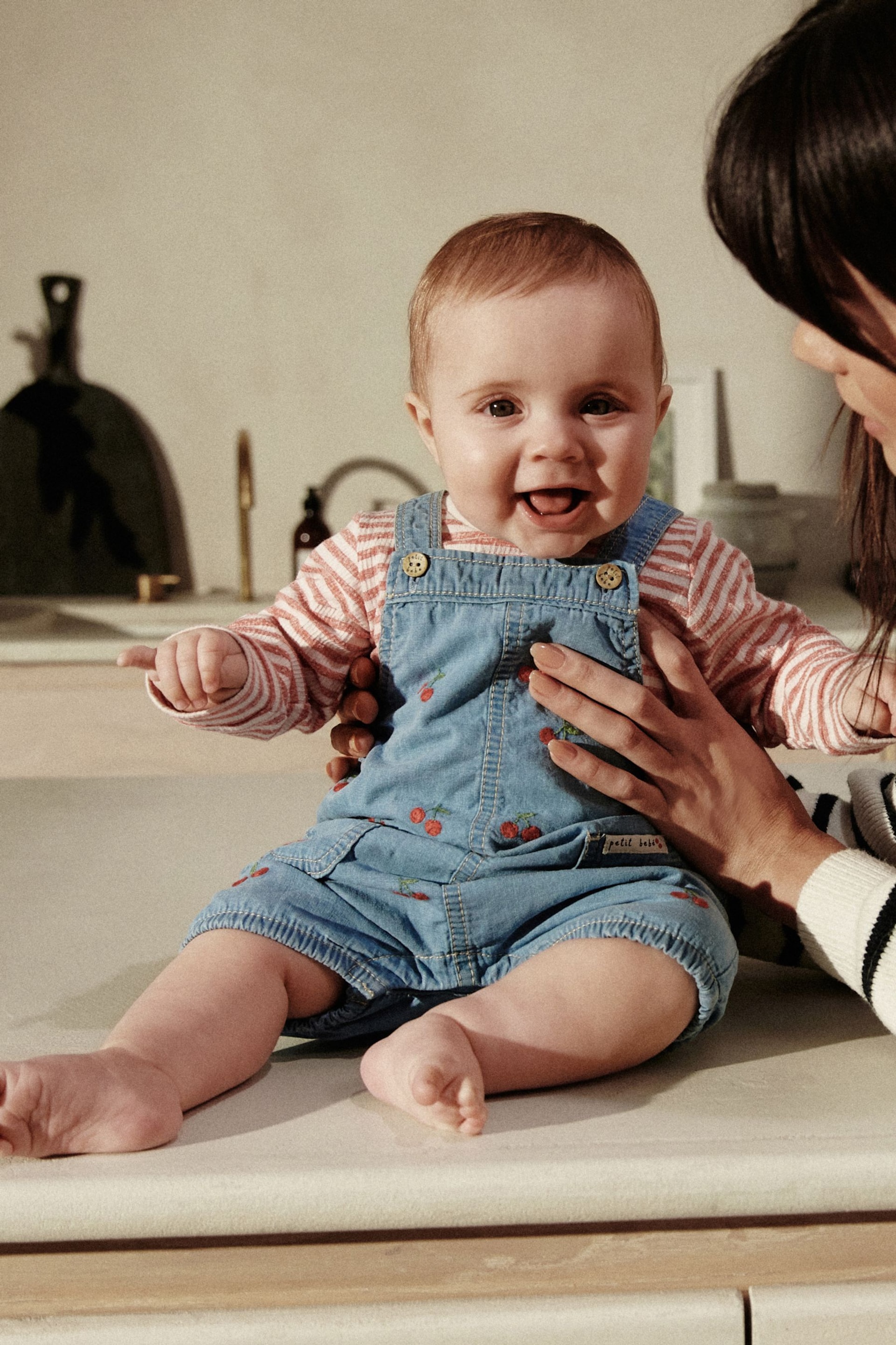 Denim Cherry Baby Long Sleeve Bodysuit and Shorts Leg Dungarees Set (0mths-2yrs) - Image 4 of 7